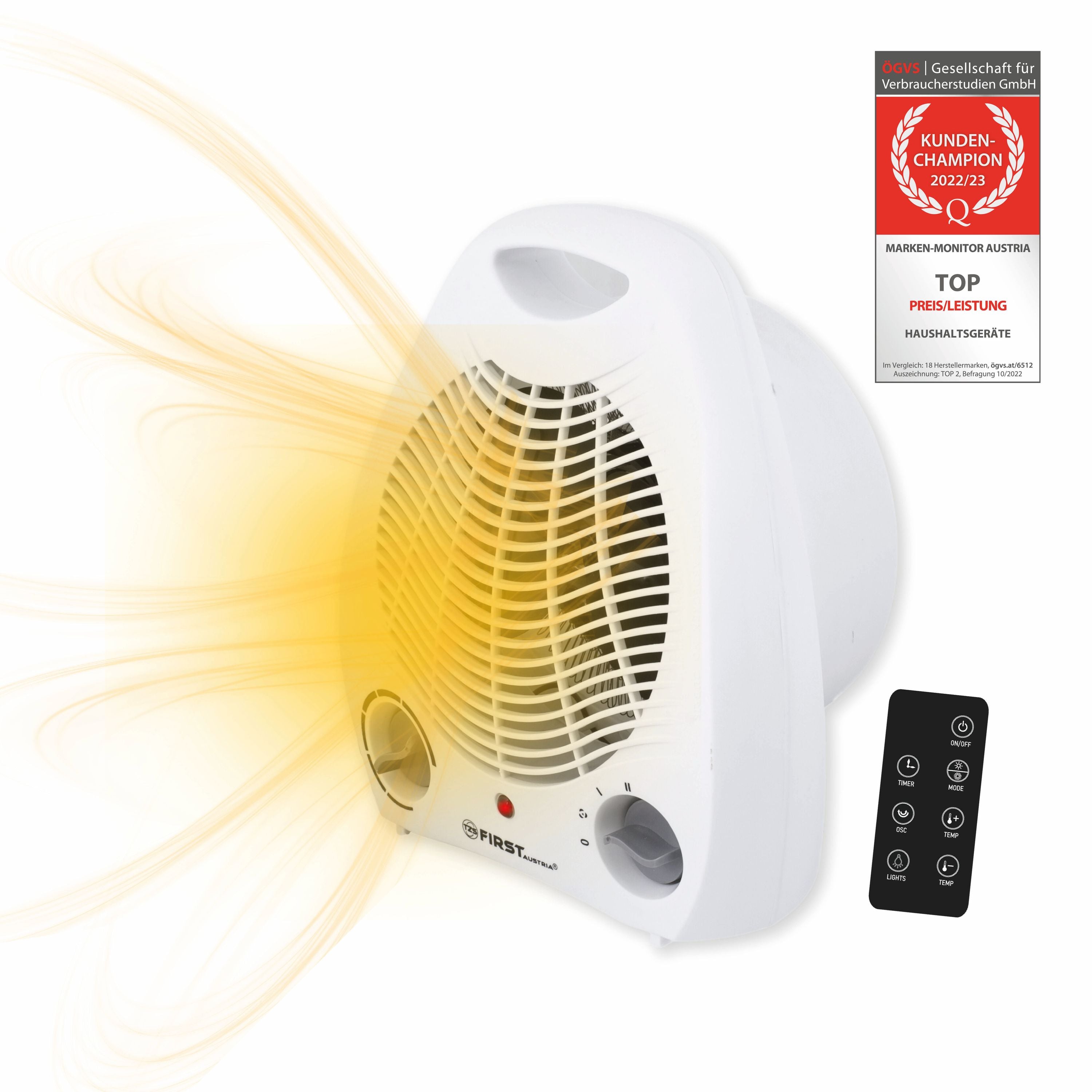 Heizlüfter, 2 Heizleistungsstufe, 1000W-2000W, Lüfterfunktion