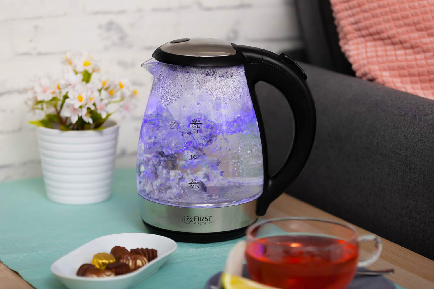 Glas Wasserkocher, 1,7 L, Kalkfilter, 2200W, LED Innenbeleuchtung