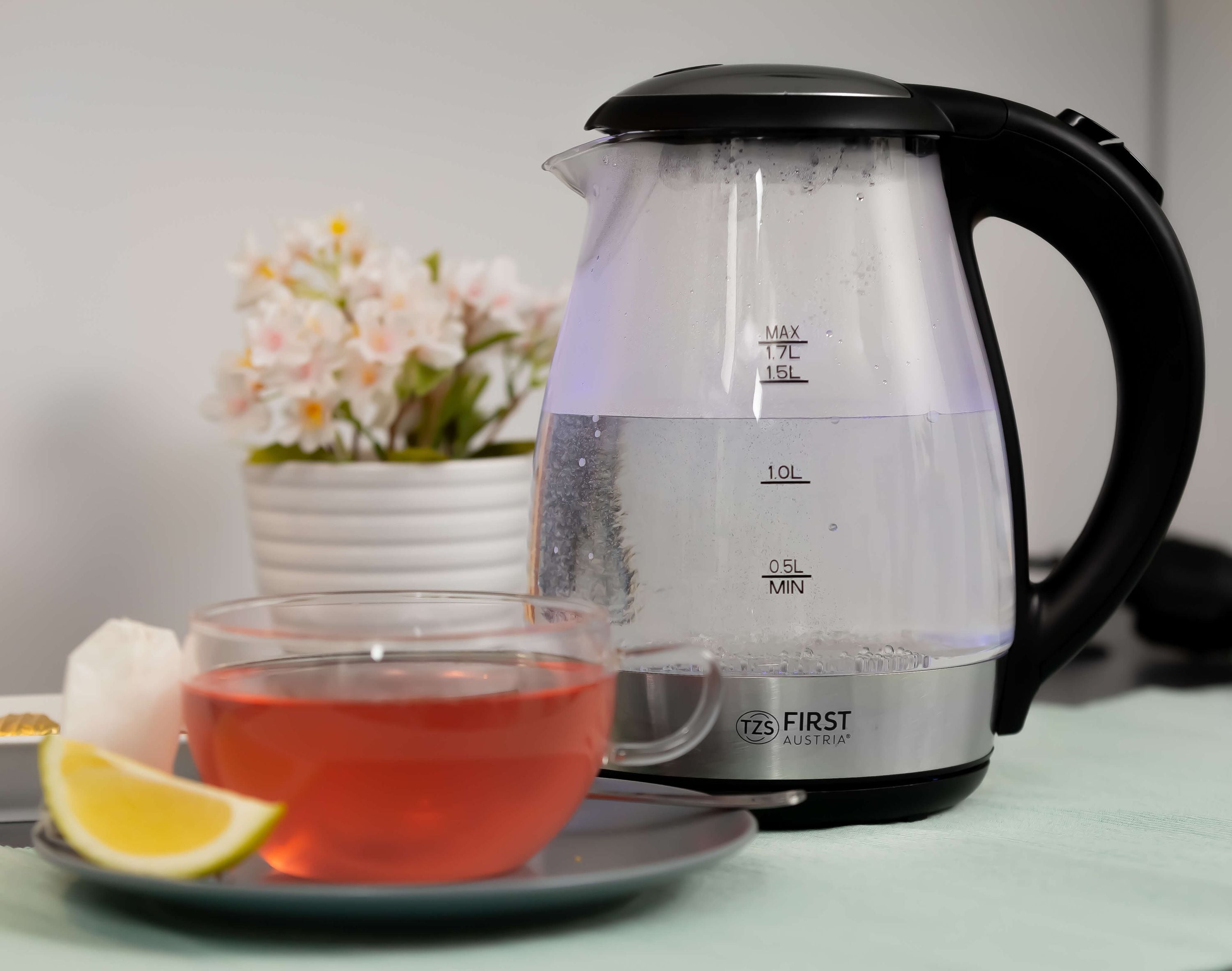 Glas Wasserkocher, 1,7 L, Kalkfilter, 2200W, LED Innenbeleuchtung