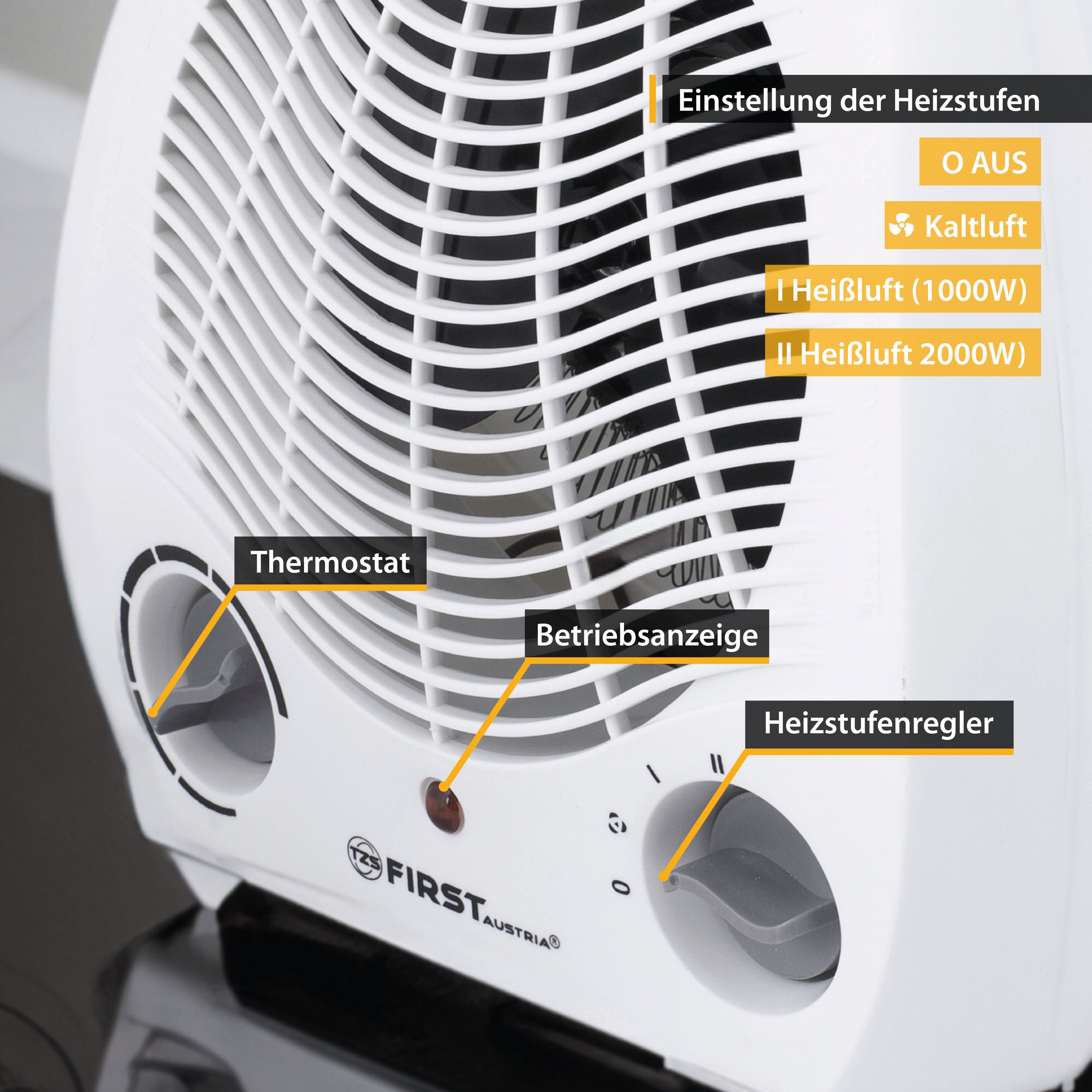 Heizlüfter, 2 Heizleistungsstufe, 1000W-2000W, Lüfterfunktion