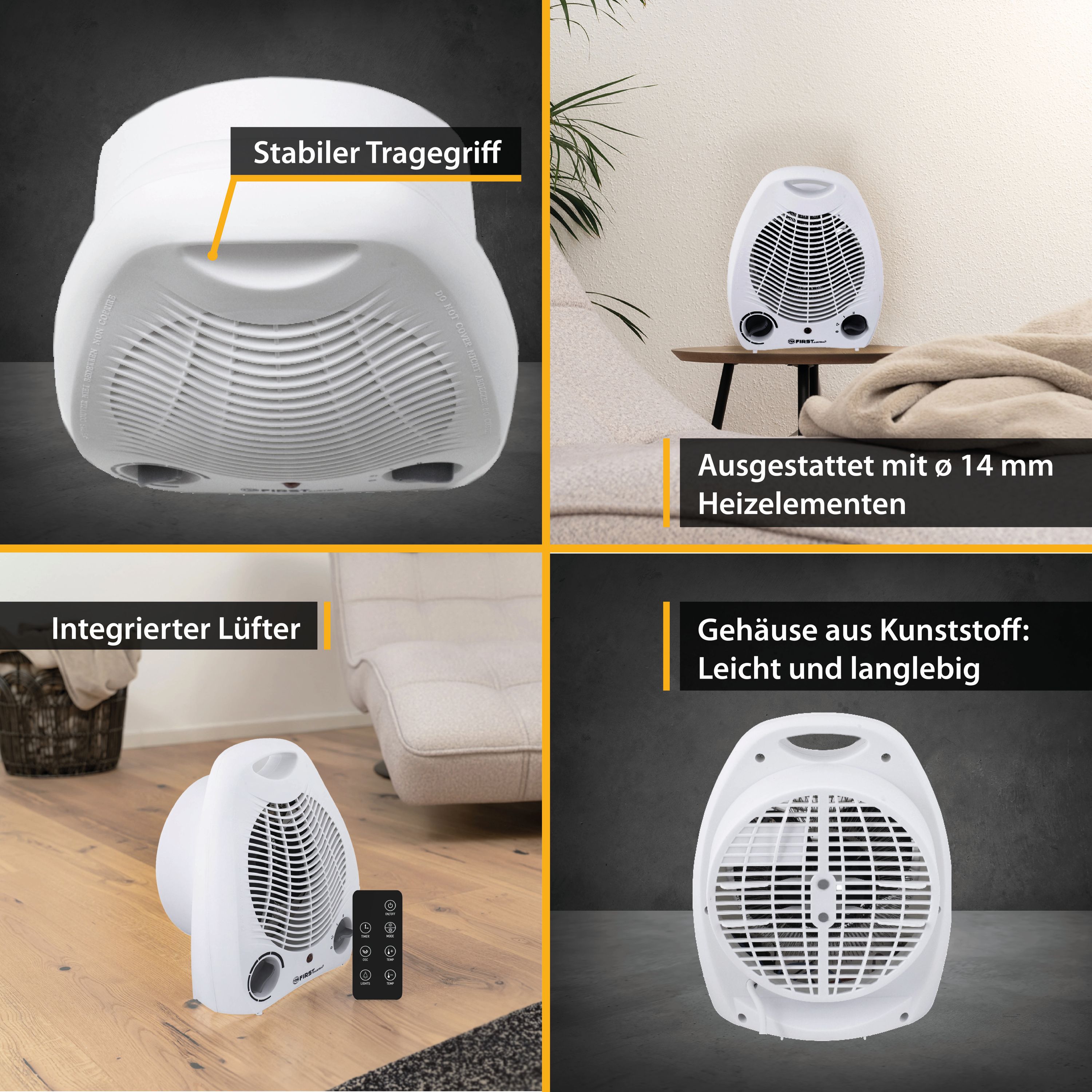 Heizlüfter, 2 Heizleistungsstufe, 1000W-2000W, Lüfterfunktion