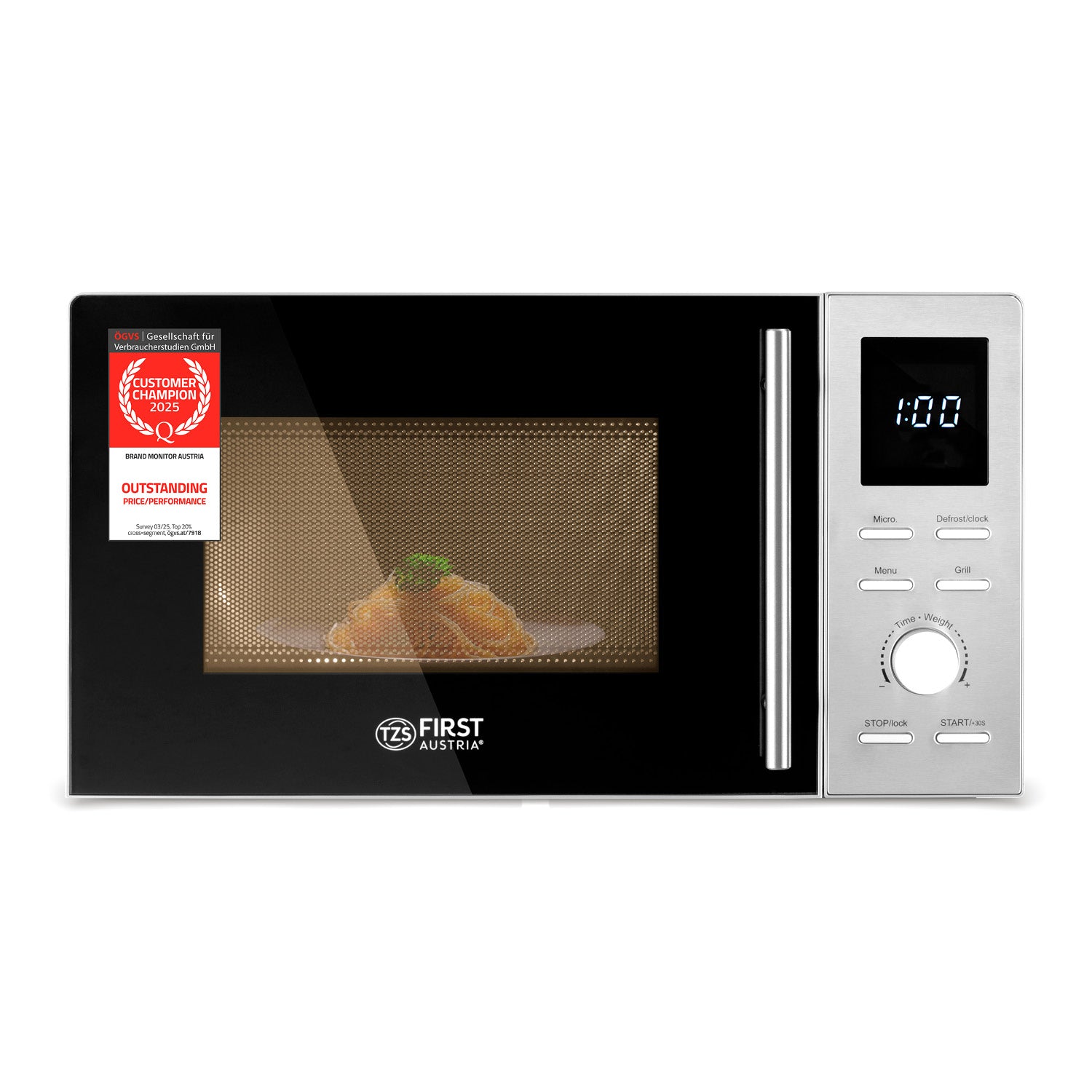 Mikrowelle mit Grillfunktion – Edelstahl, 14 l, 700 W Mikrowelle, 800 W Grill, 8 Programme, LCD-Display