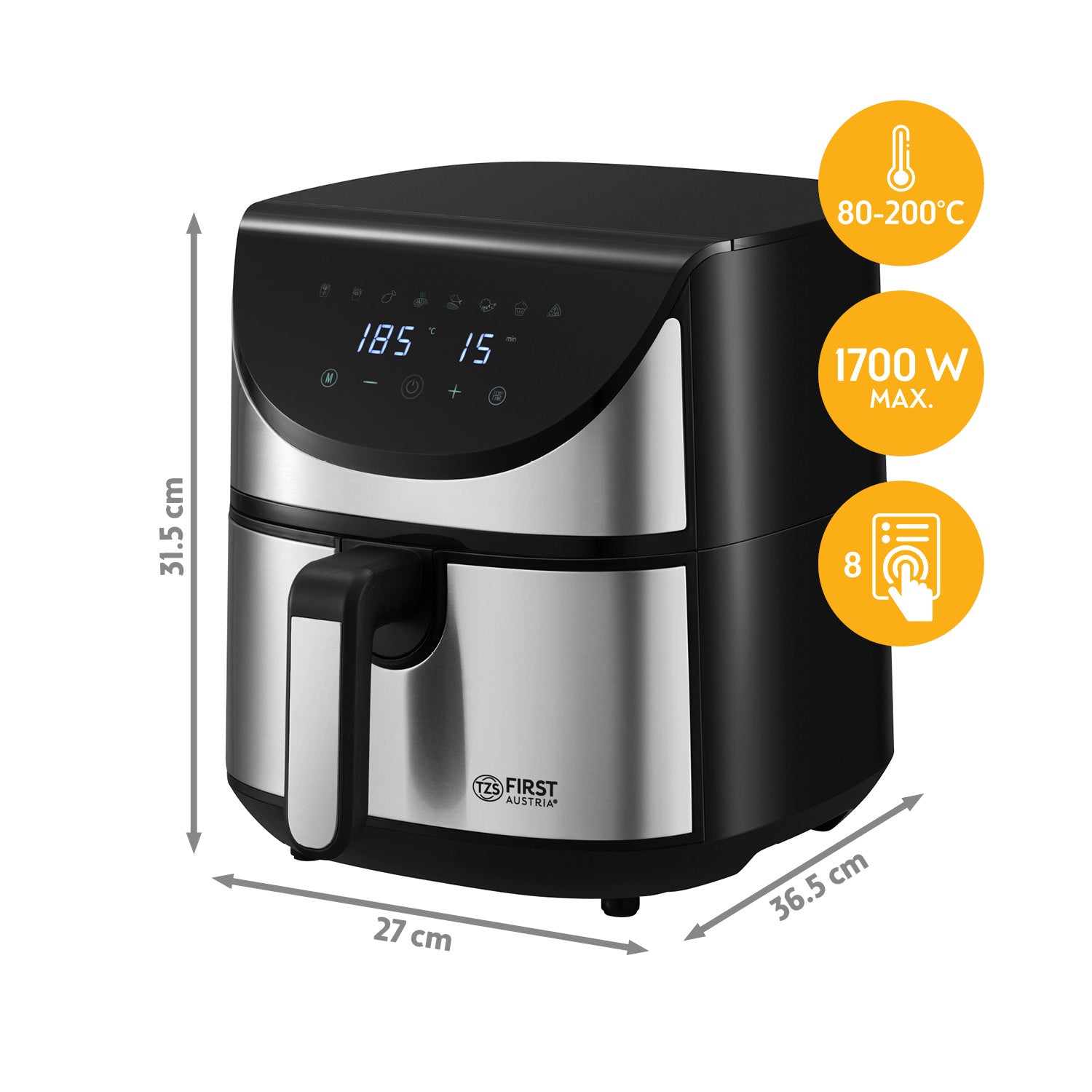 Heißluftfritteuse 5,8 l – digital, 1700 W, 8 Programme, fettarm & kompakt, Timer, Antihaft