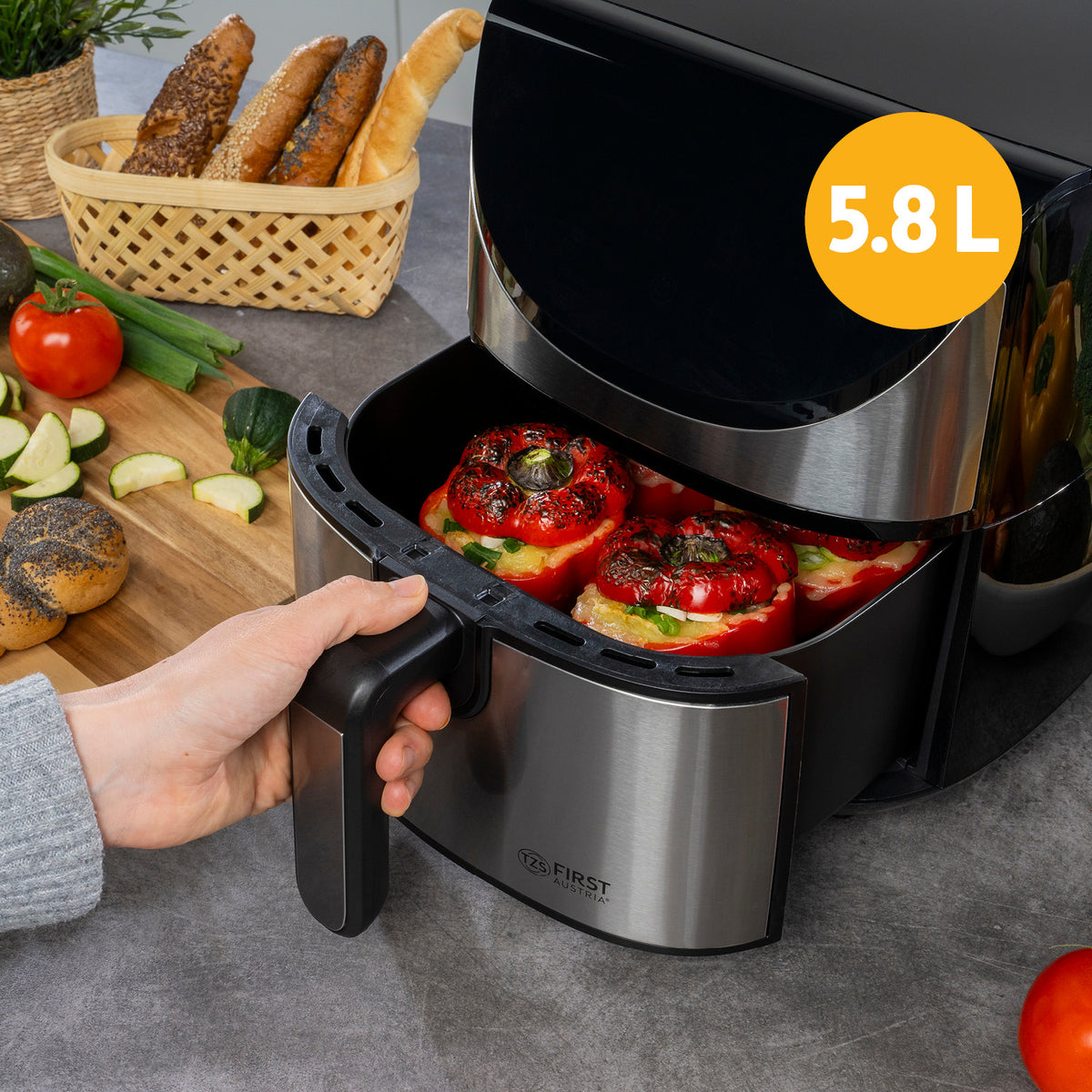 Heißluftfritteuse 5,8 L, 8 Programme, 5-°C-Temperaturschritte