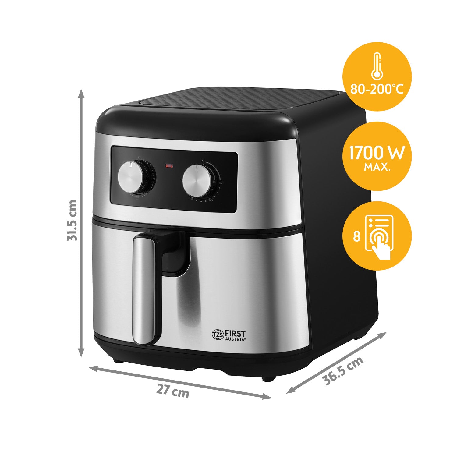 Heißluftfritteuse 8 l – mechanisch, 1700 W, Antihaft, Timer, leise, fettarm & kompakt