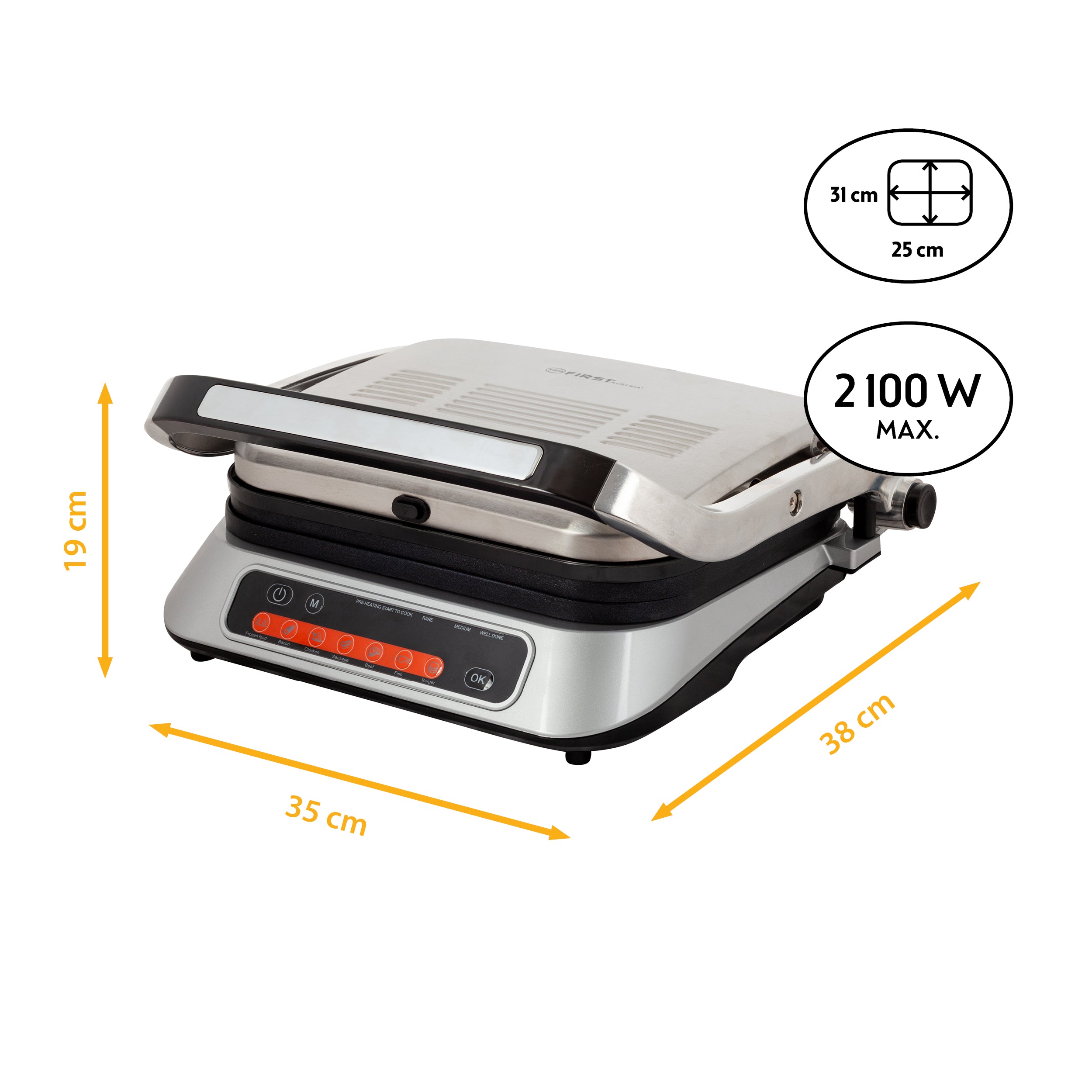 Kontaktgrill digital, Tischgrill, 2100W, antihaftbeschichtete Platten