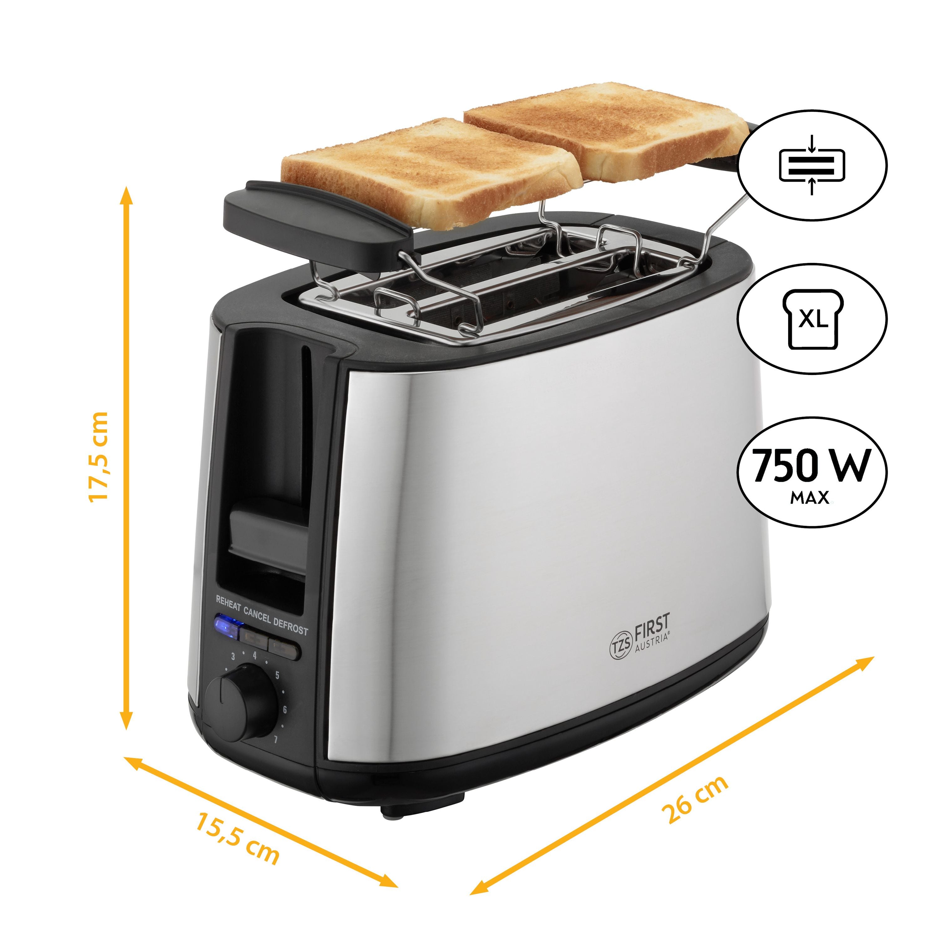 2 Scheiben Toaster, Selbstzentrierfunktion, 7 Bräunungsstufen, 650-750W