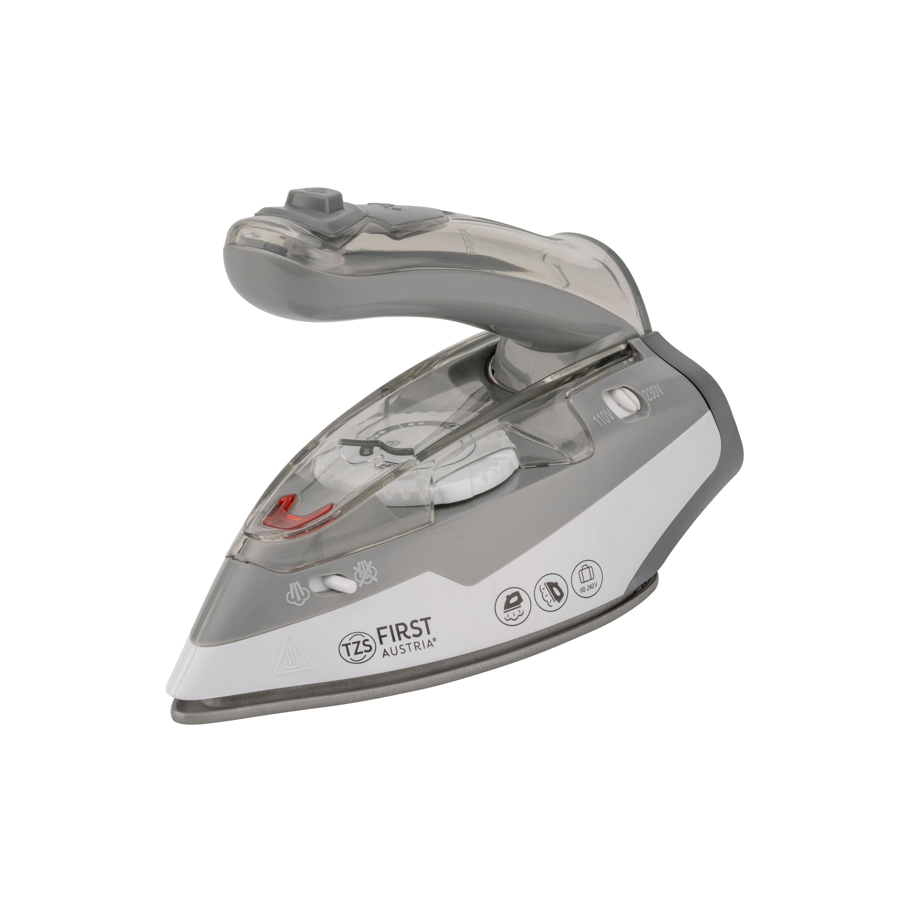 Reisebügeleisen grau, 1100 W, Keramiksohle, klappbarer Griff, Vertikaldampf