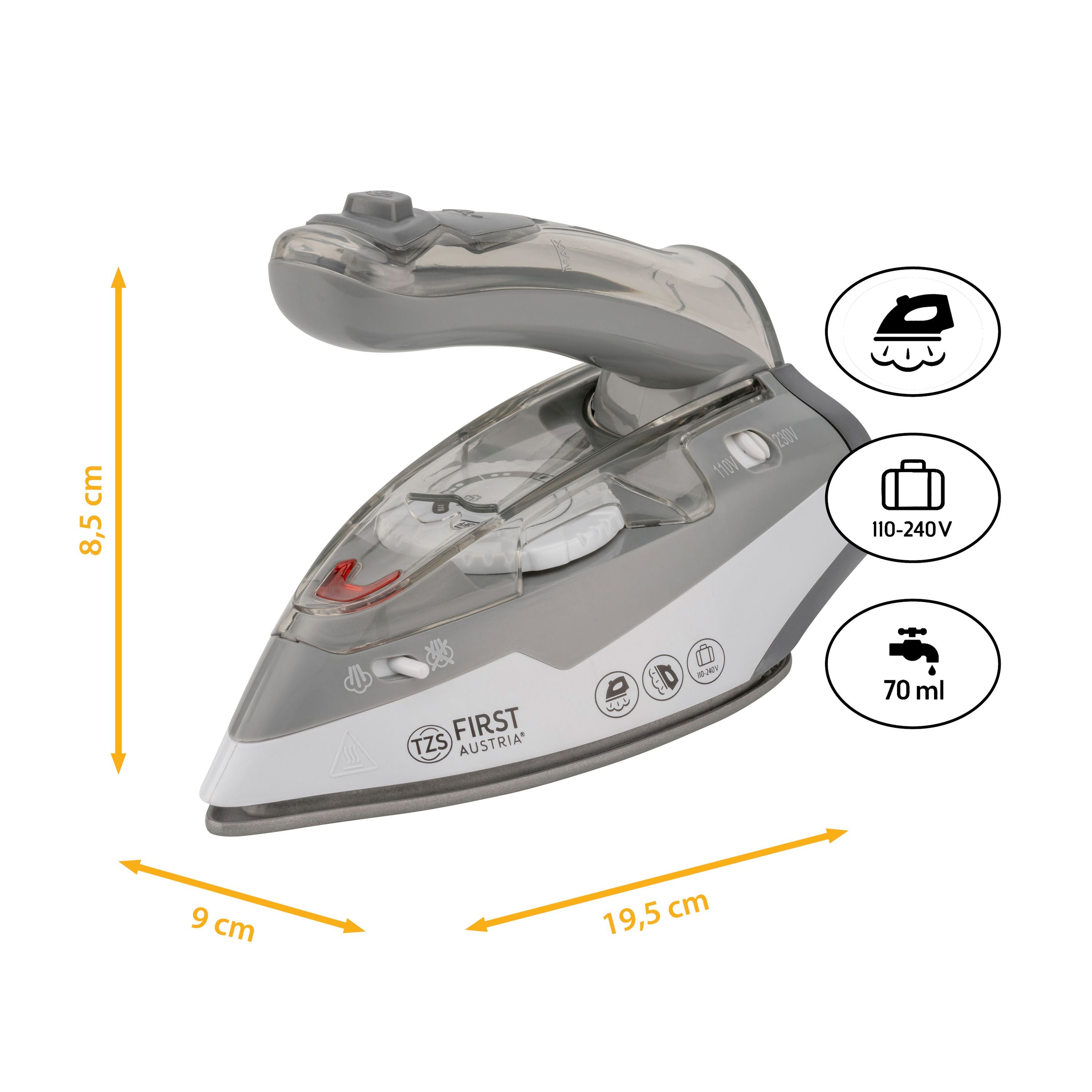 Reisebügeleisen grau, 1100 W, Keramiksohle, klappbarer Griff, Vertikaldampf