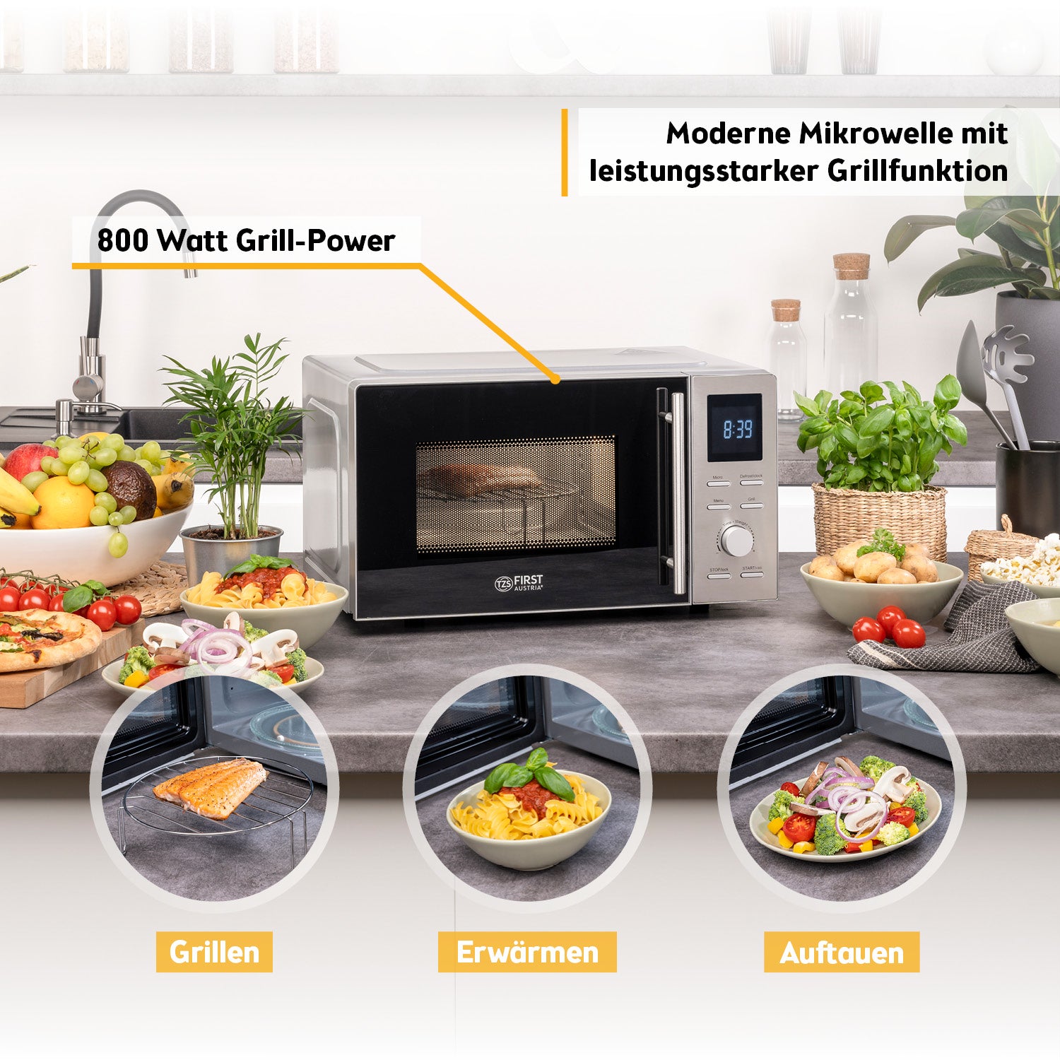 Mikrowelle mit Grillfunktion – Edelstahl, 14 l, 700 W Mikrowelle, 800 W Grill, 8 Programme, LCD-Display