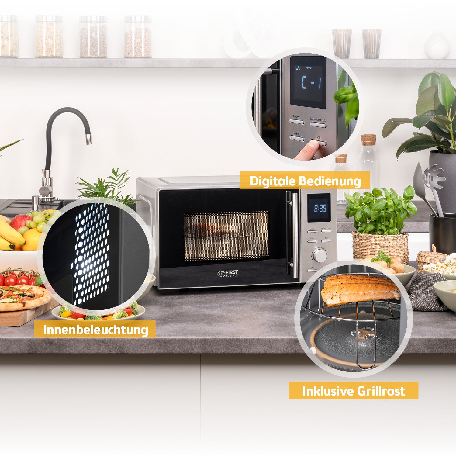 Mikrowelle mit Grillfunktion – Edelstahl, 14 l, 700 W Mikrowelle, 800 W Grill, 8 Programme, LCD-Display