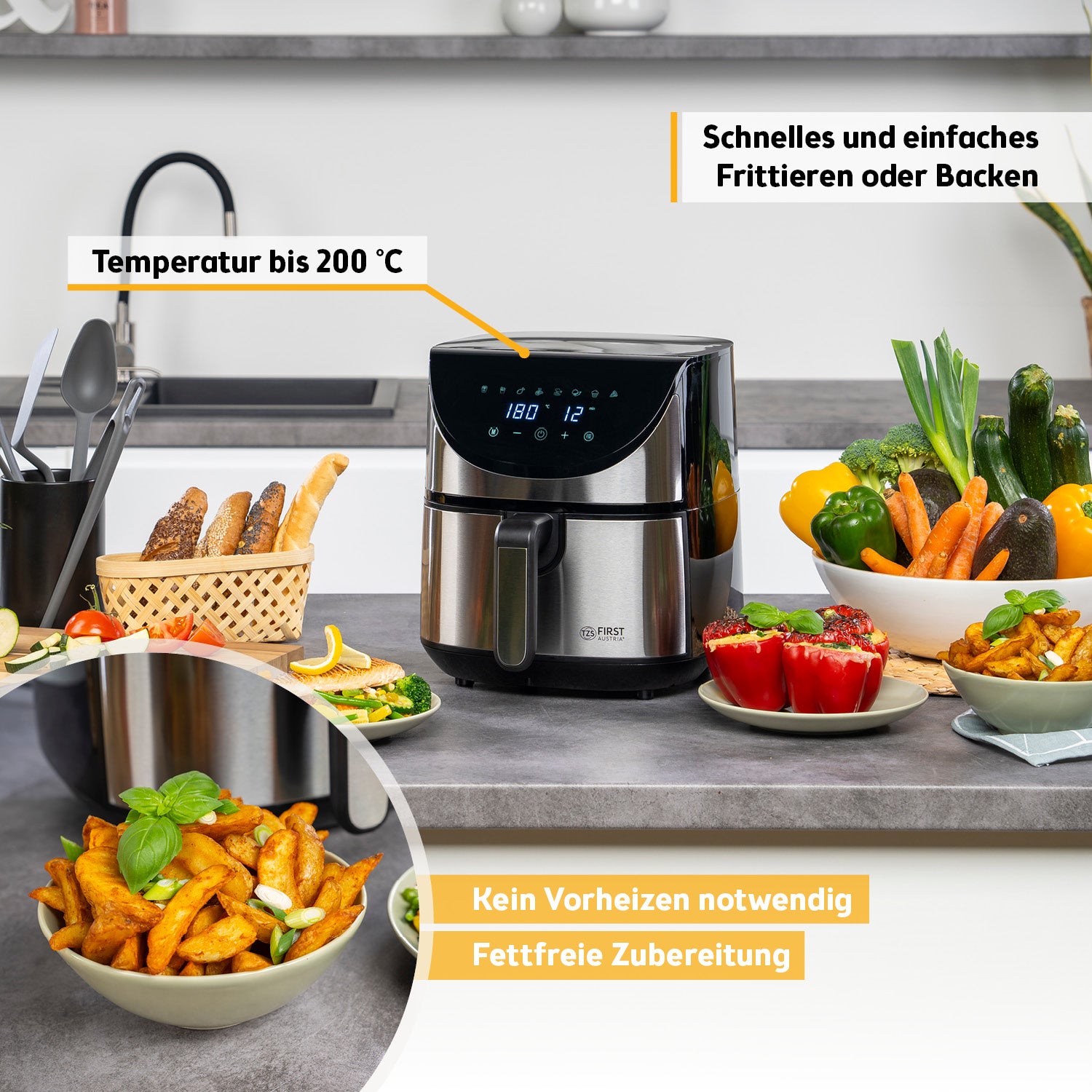 Heißluftfritteuse 5,8 l – digital, 1700 W, 8 Programme, fettarm & kompakt, Timer, Antihaft