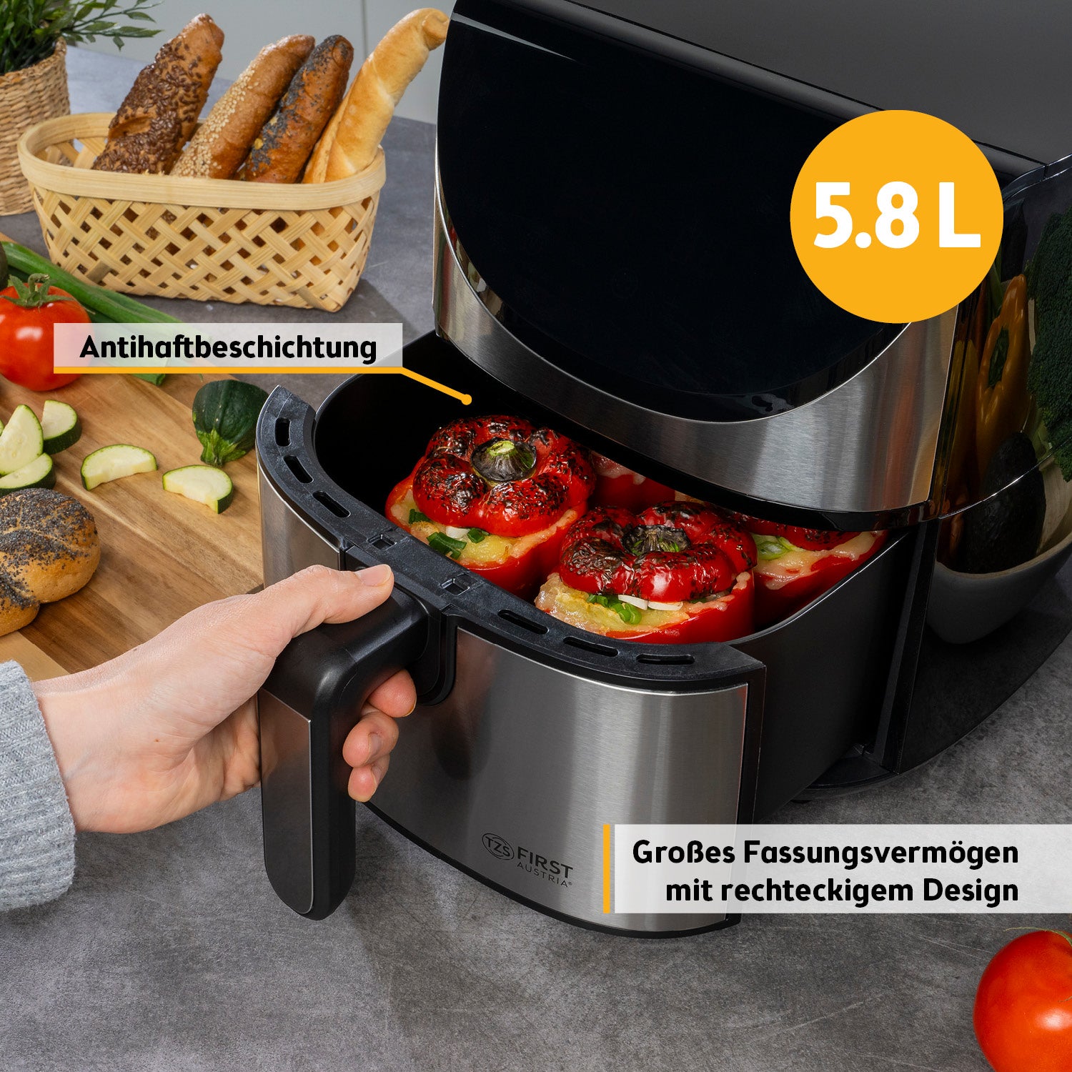 Heißluftfritteuse 5,8 l – digital, 1700 W, 8 Programme, fettarm & kompakt, Timer, Antihaft