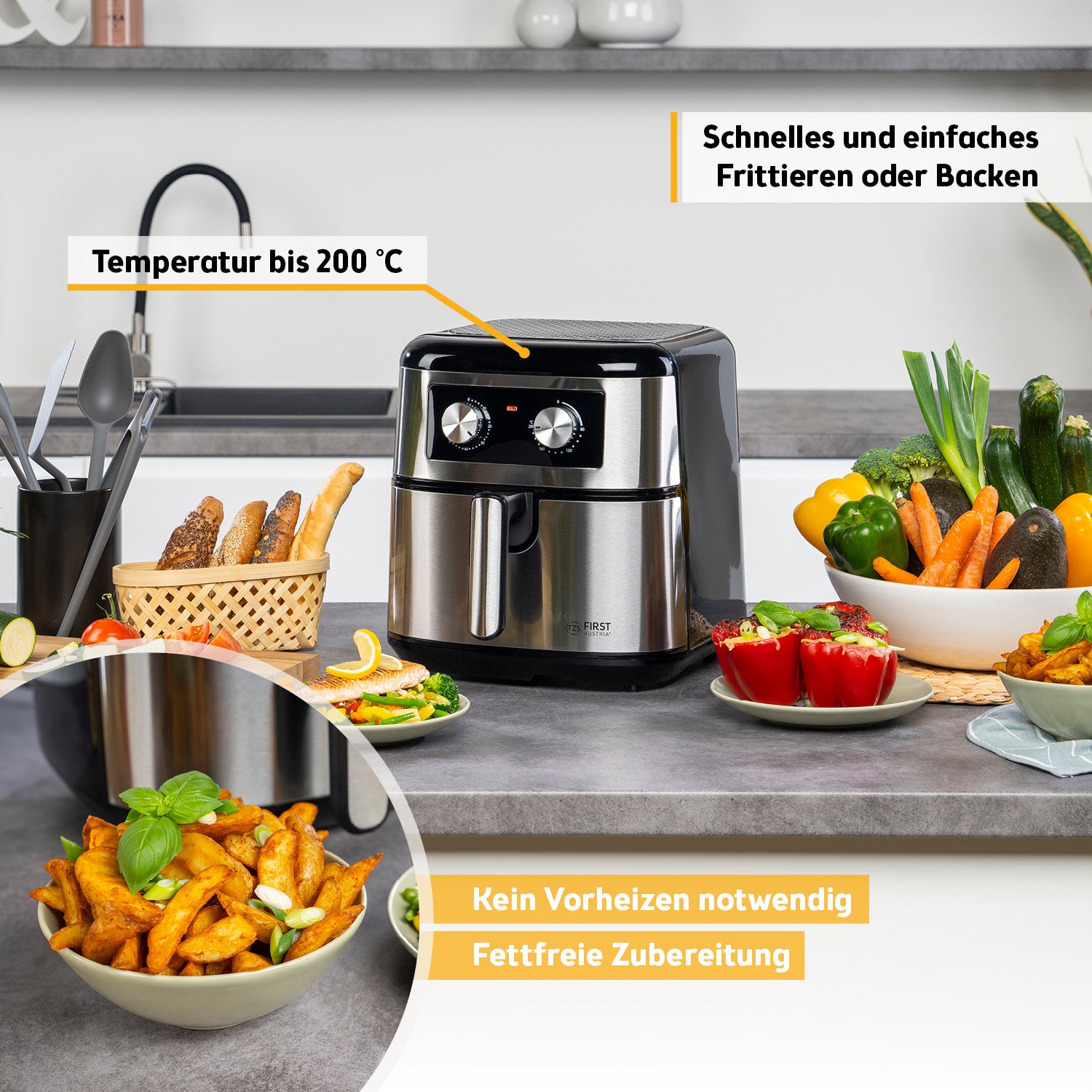 Heißluftfritteuse 8 l – mechanisch, 1700 W, Antihaft, Timer, leise, fettarm & kompakt