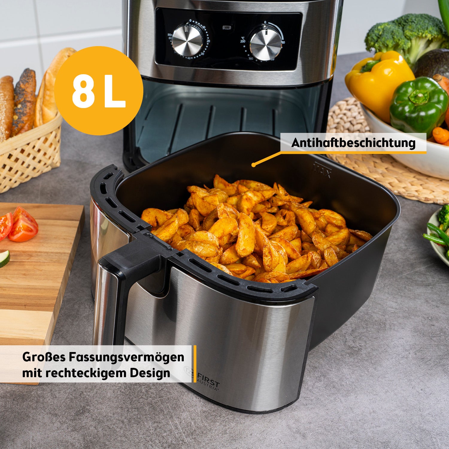 Heißluftfritteuse 8 l – mechanisch, 1700 W, Antihaft, Timer, leise, fettarm & kompakt