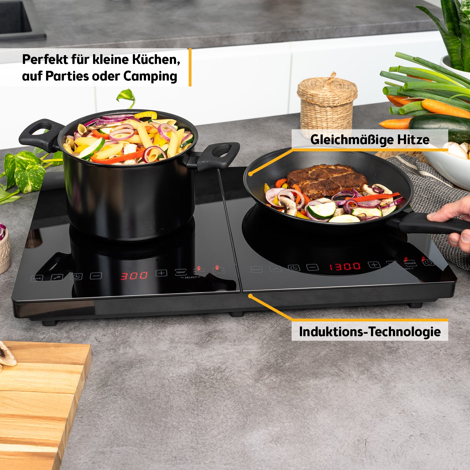 Induktions-Doppelkochplatte 2×220 mm, digital & leistungsstark