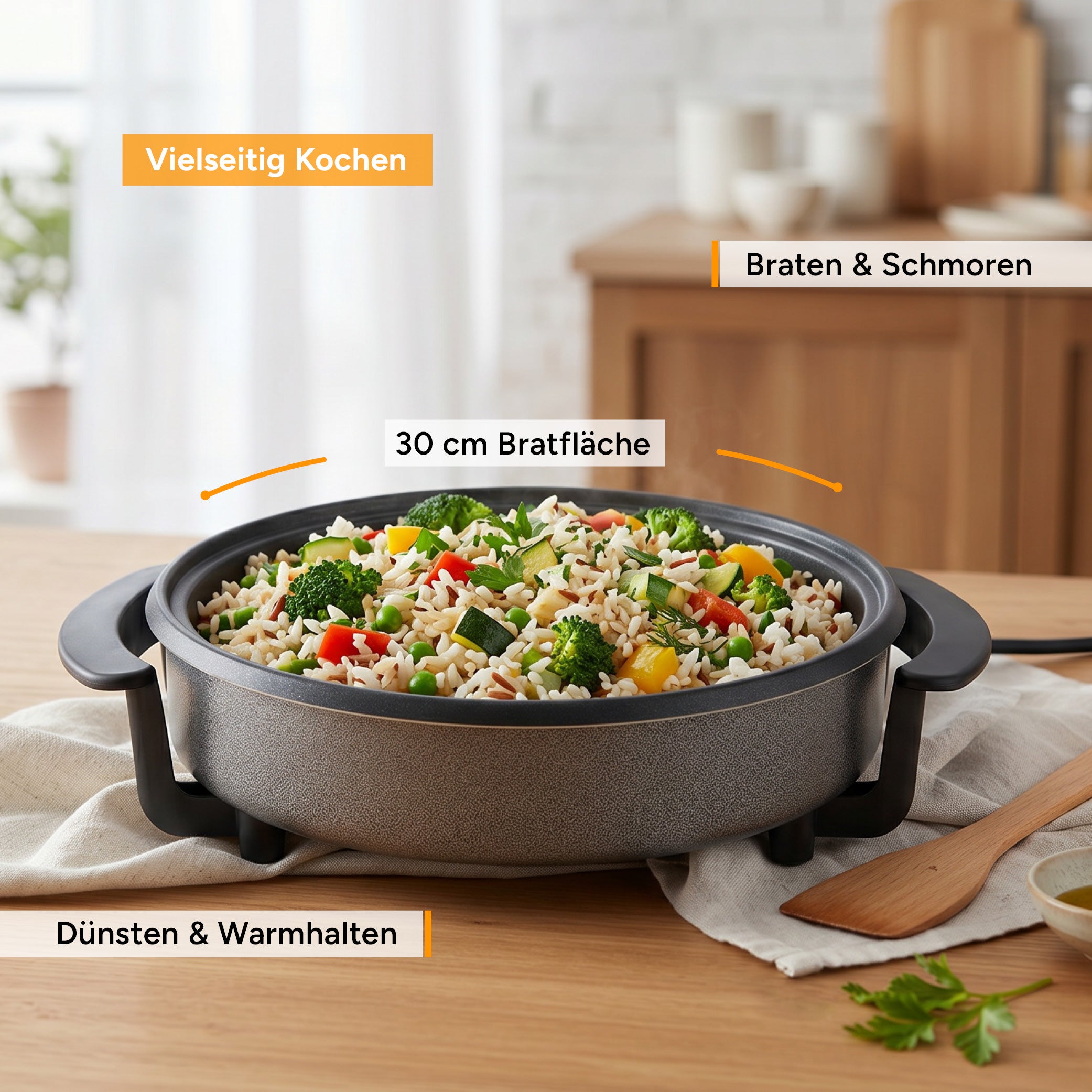 Elektrische Multipfanne 30cm, antihaftbeschichtet, inkl. Glasdeckel