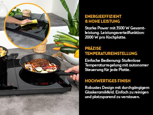 Doppel-Induktionskochplatte 3500 W, Touch-Bedienung, mit Timer