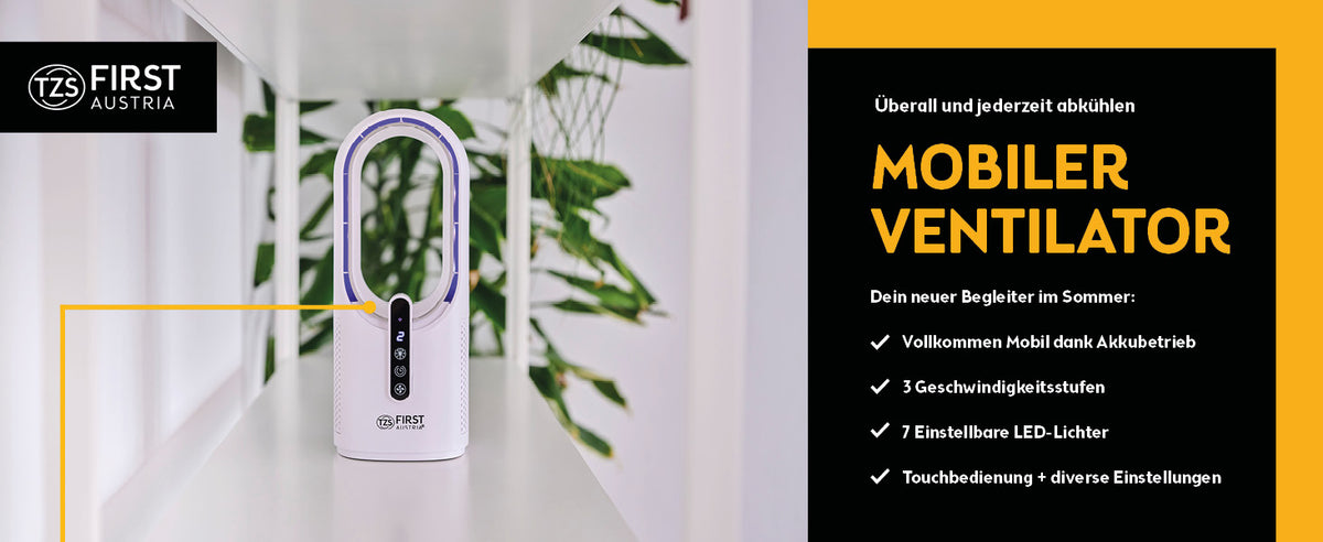 Tischventilator kabellos, blattlos, 7-Farben-Licht, USB-C