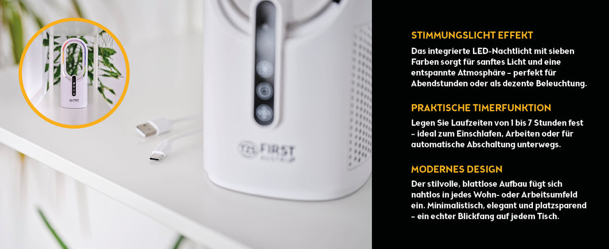 Tischventilator kabellos, blattlos, 7-Farben-Licht, USB-C