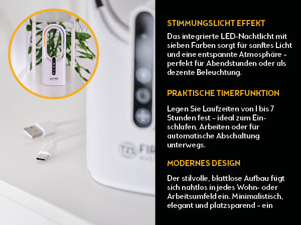 Tischventilator kabellos, blattlos, 7-Farben-Licht, USB-C