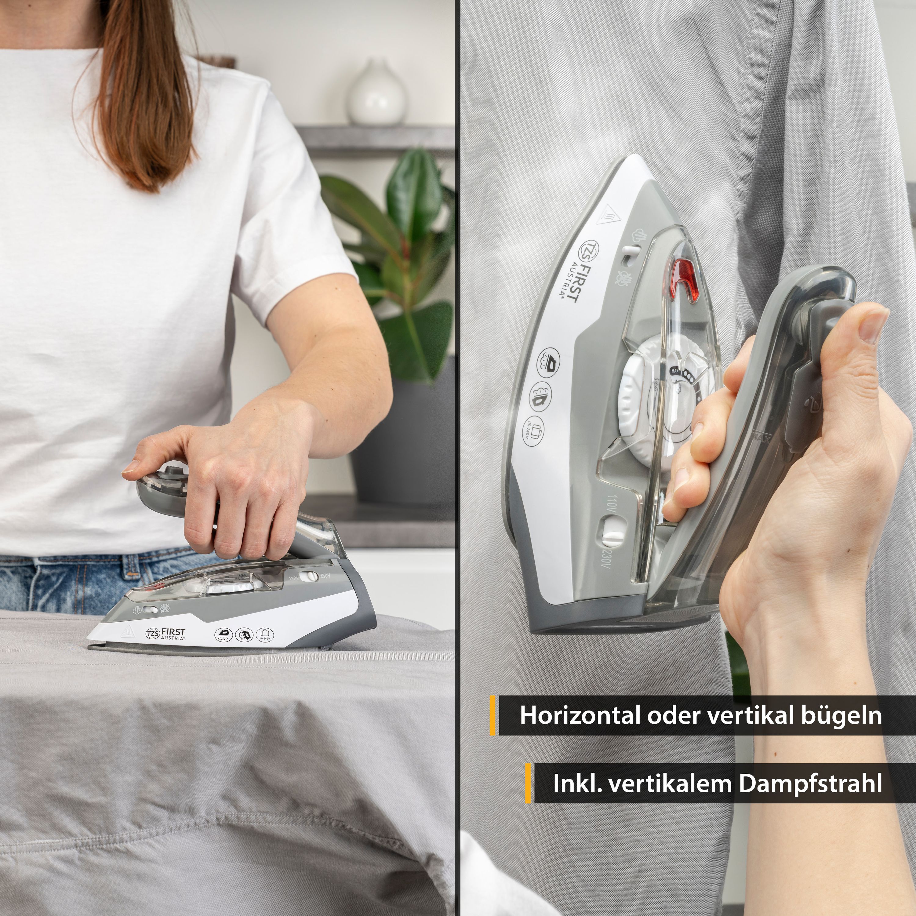 Reisebügeleisen grau, 1100 W, Keramiksohle, klappbarer Griff, Vertikaldampf