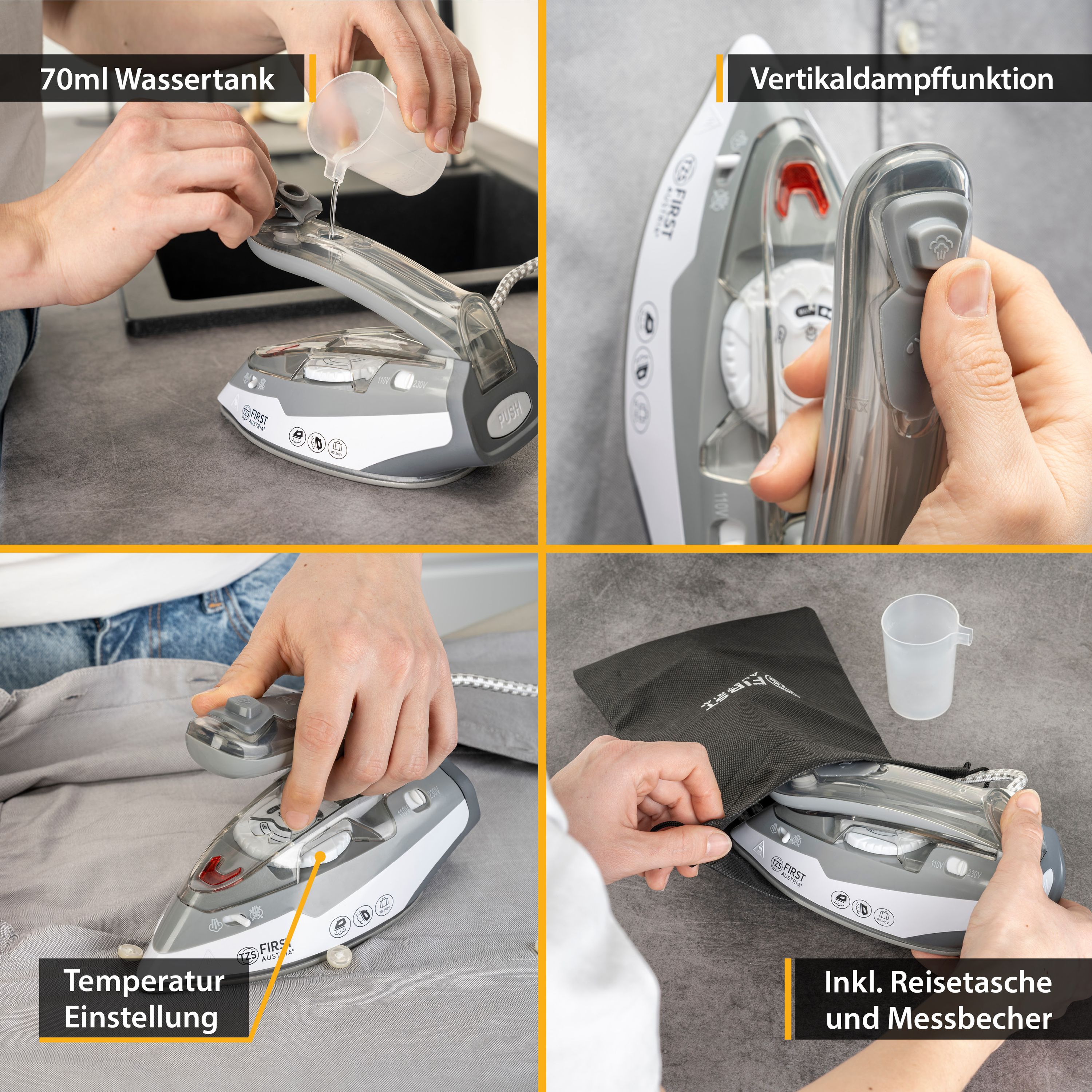 Reisebügeleisen grau, 1100 W, Keramiksohle, klappbarer Griff, Vertikaldampf