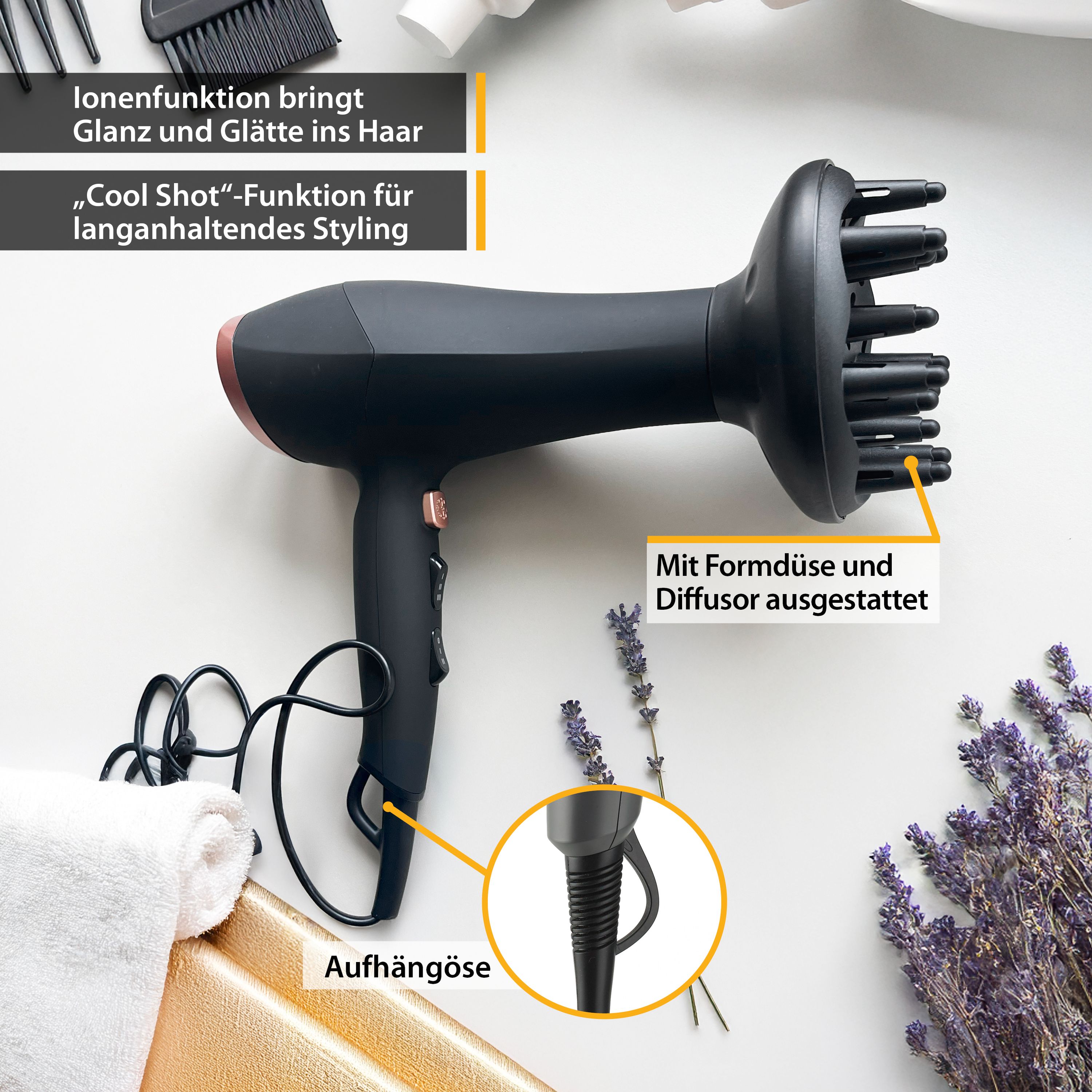 2200W, Ionen, schonendes Styling, 3 Heiz- und 2 Gebläsestufen