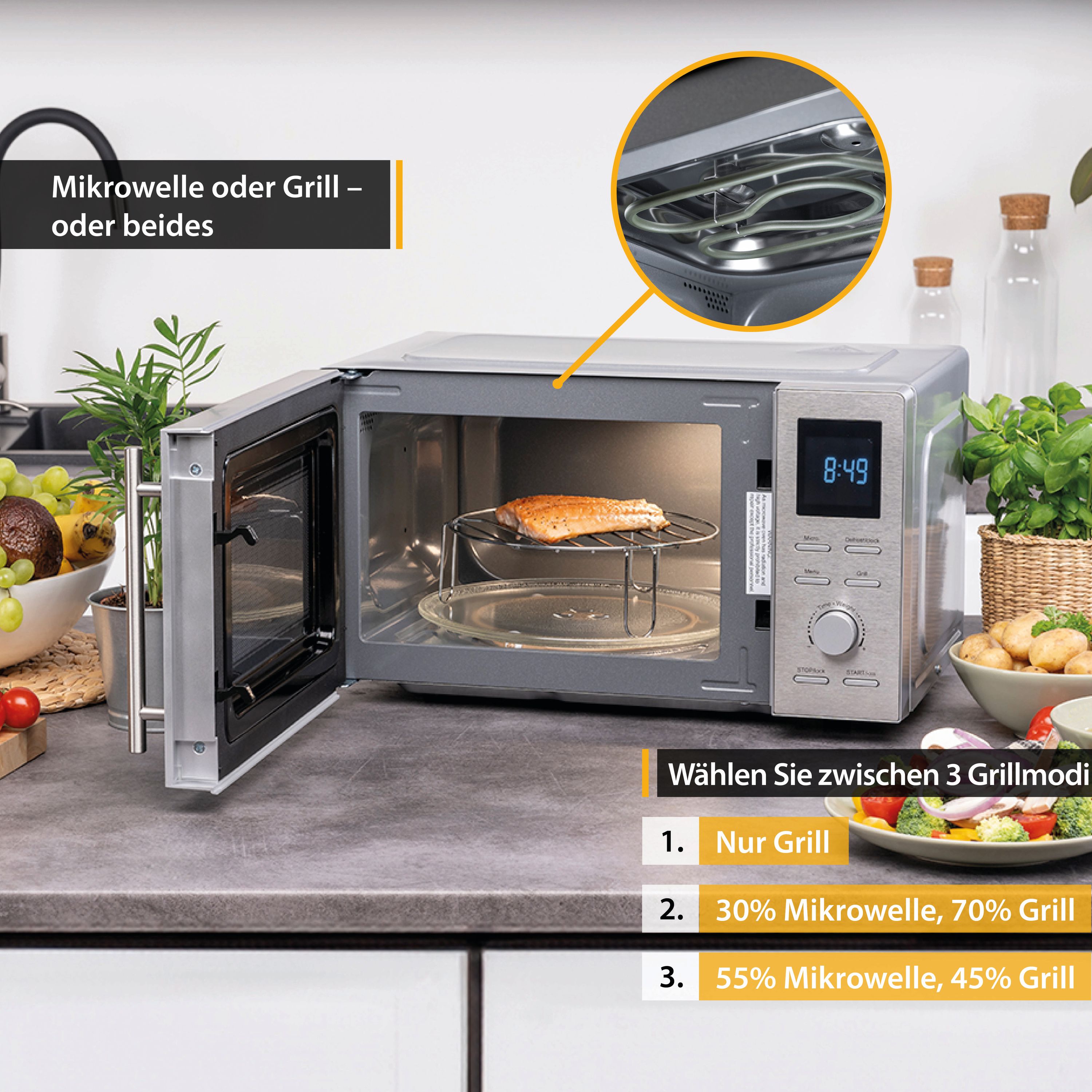 Mikrowelle mit Grillfunktion – Edelstahl, 14 l, 700 W Mikrowelle, 900 W Grill, 8 Programme, LCD-Display