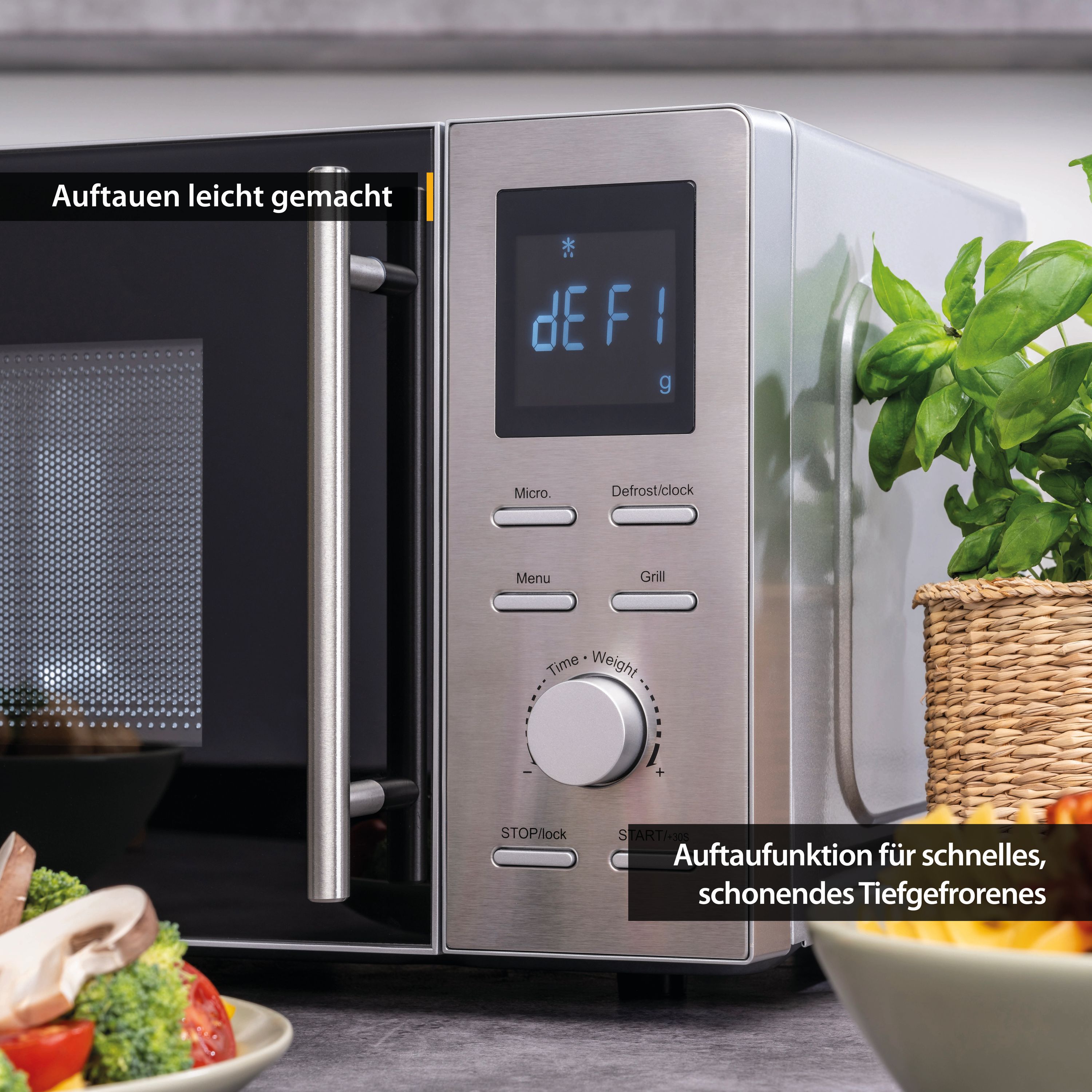 Mikrowelle mit Grillfunktion – Edelstahl, 14 l, 700 W Mikrowelle, 900 W Grill, 8 Programme, LCD-Display