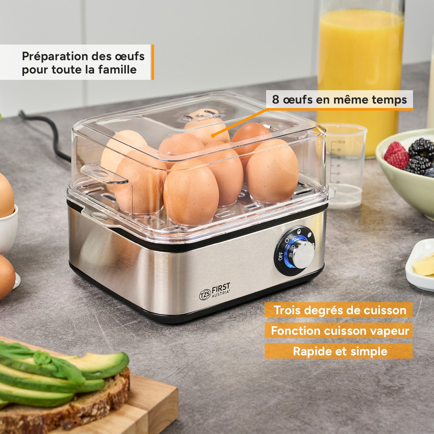 Electric Egg Cooker, 8 Eggs, Measuring Cup, 500W, Stainless Steel