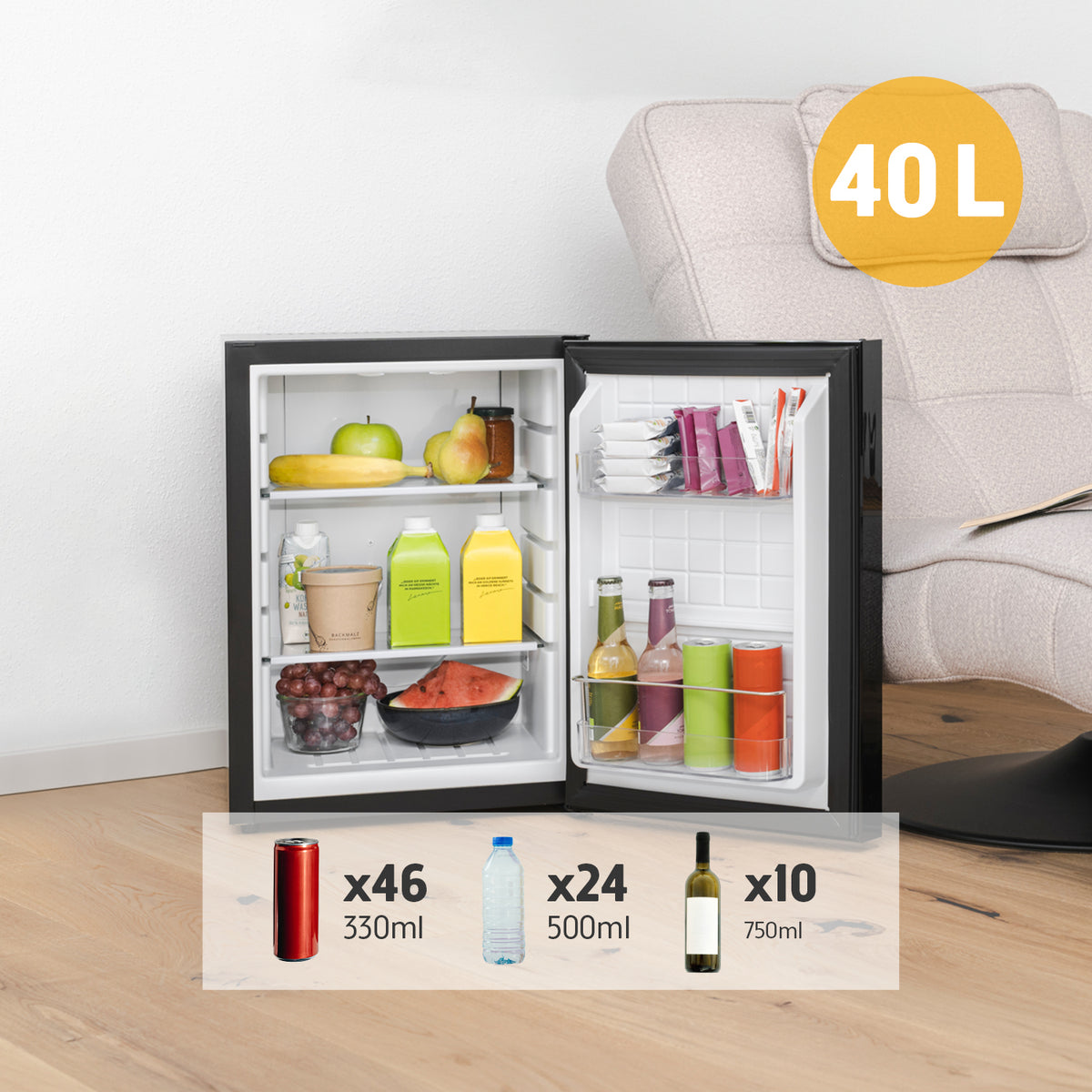 Minikühlschrank 40L - Glasfront Schwarz