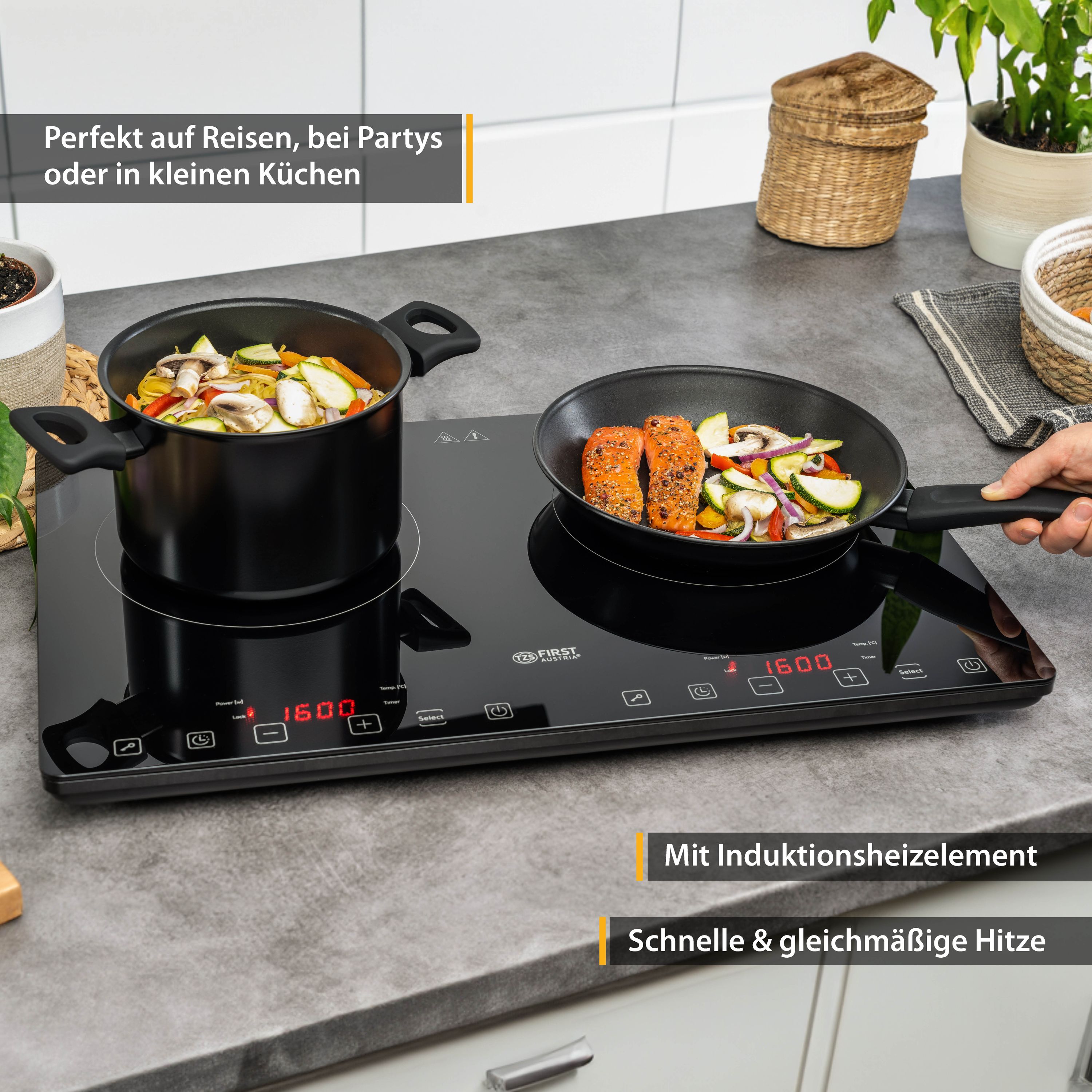 Induktions-Doppelkochplatte 2 × 210 mm, digital & kompakt