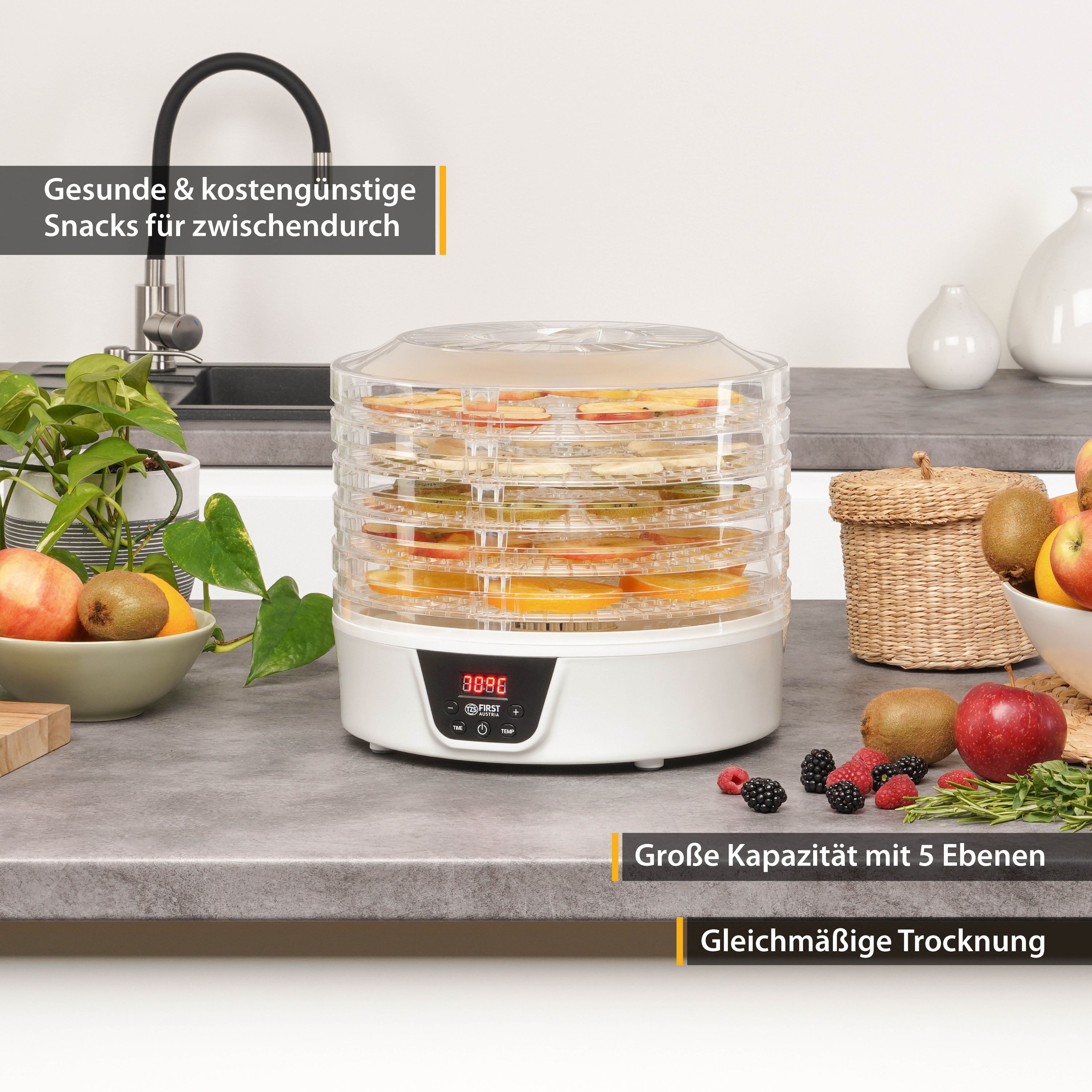 Dörrautomat digital, 5 Ebenen, Timer, BPA-frei, energiesparend, Druckknopf, Display