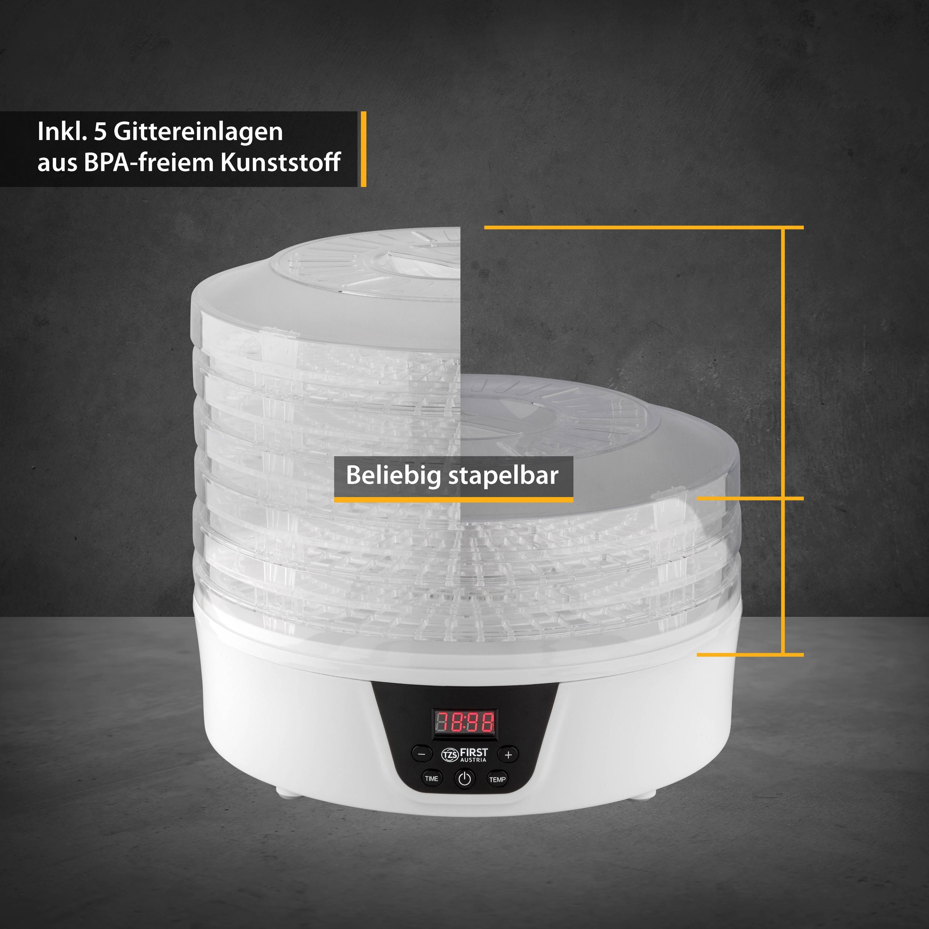 Dörrautomat digital, 5 Ebenen, Timer, BPA-frei, energiesparend, Druckknopf, Display