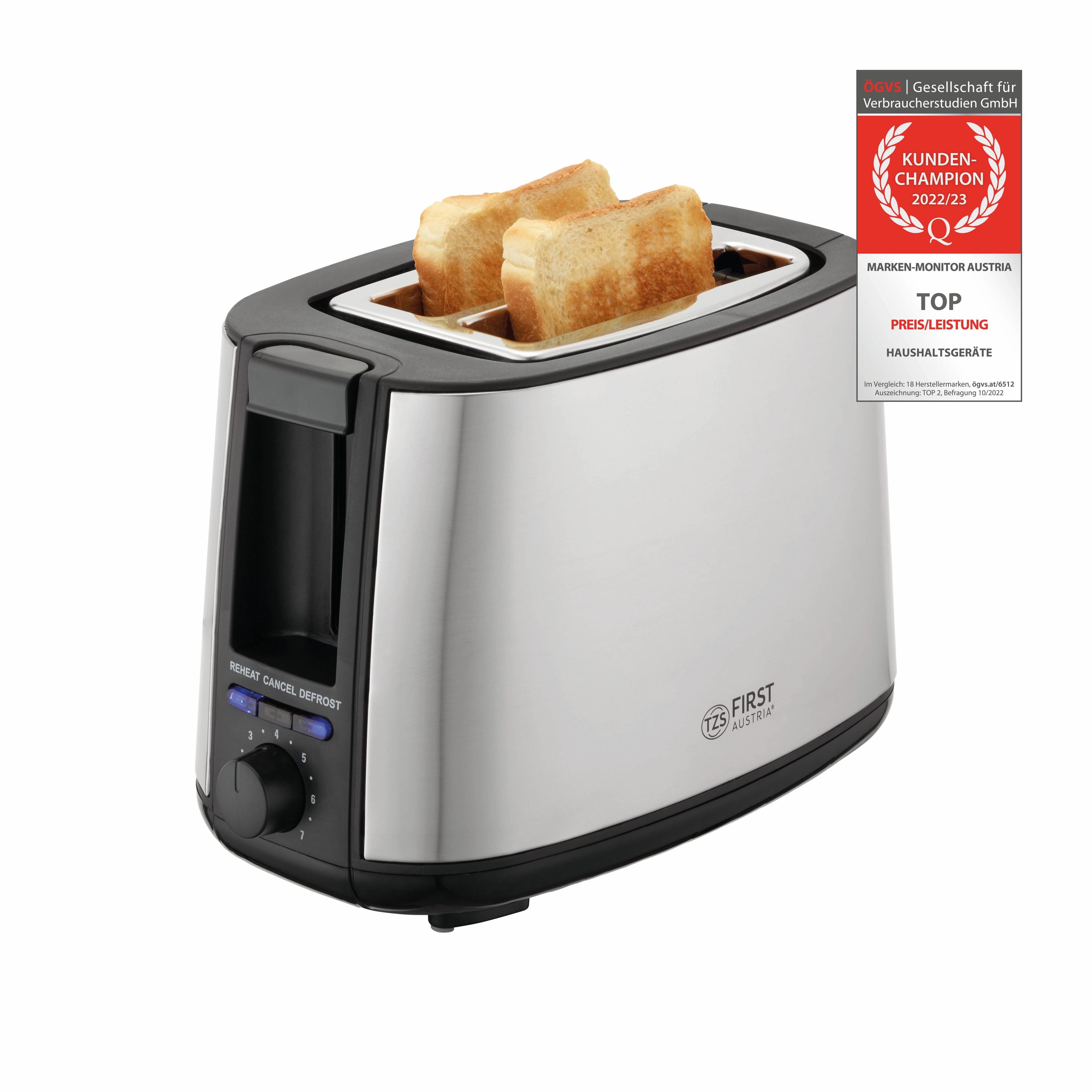 2 Scheiben Toaster, Selbstzentrierfunktion, 7 Bräunungsstufen, 650-750W