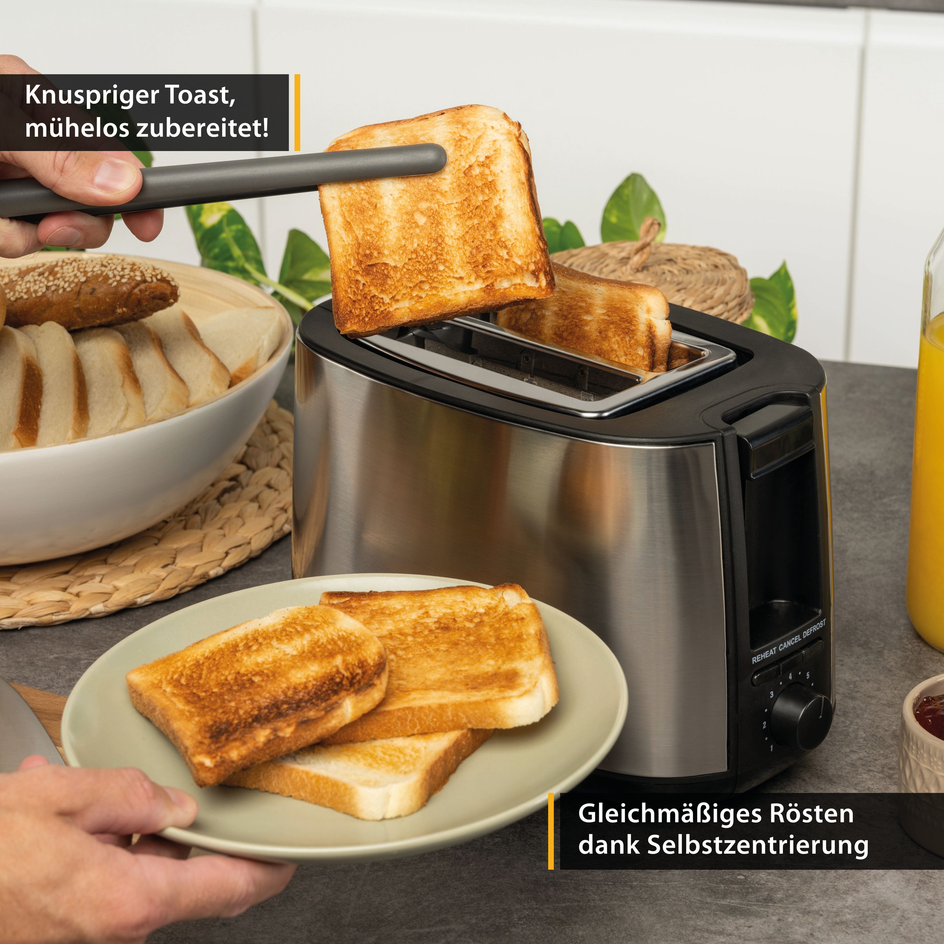2 Scheiben Toaster, Selbstzentrierfunktion, 7 Bräunungsstufen, 650-750W