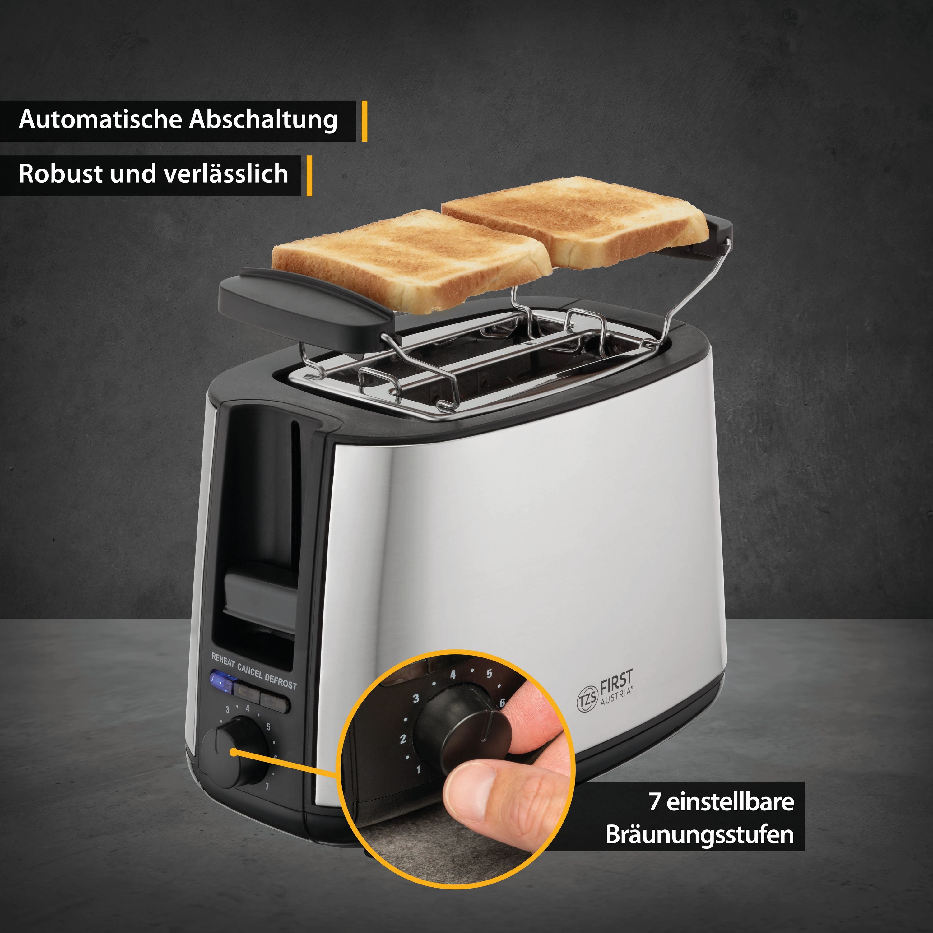 2 Scheiben Toaster, Selbstzentrierfunktion, 7 Bräunungsstufen, 650-750W