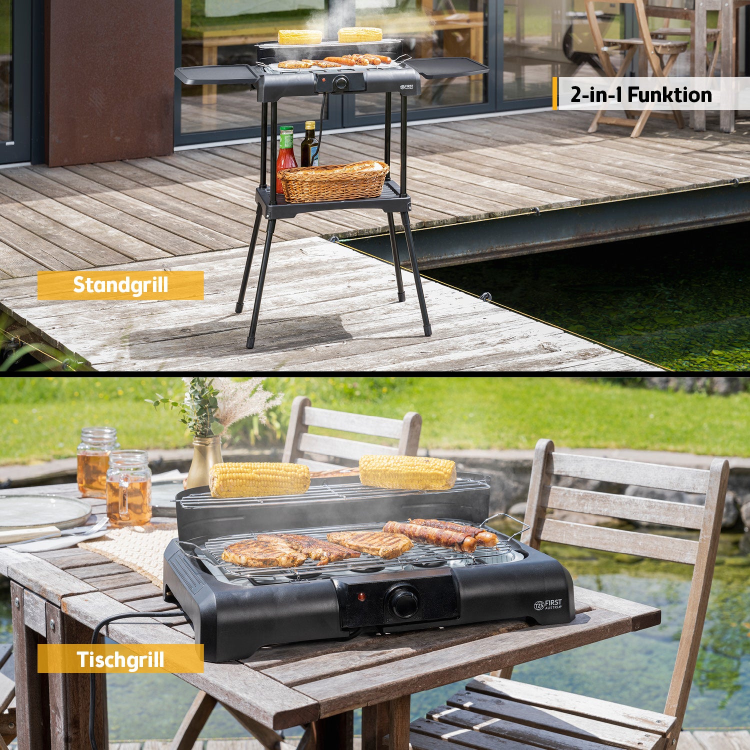 2-in-1 Elektrogrill Tisch- & Standgerät, 2.200 W, große Grillfläche, IPX4