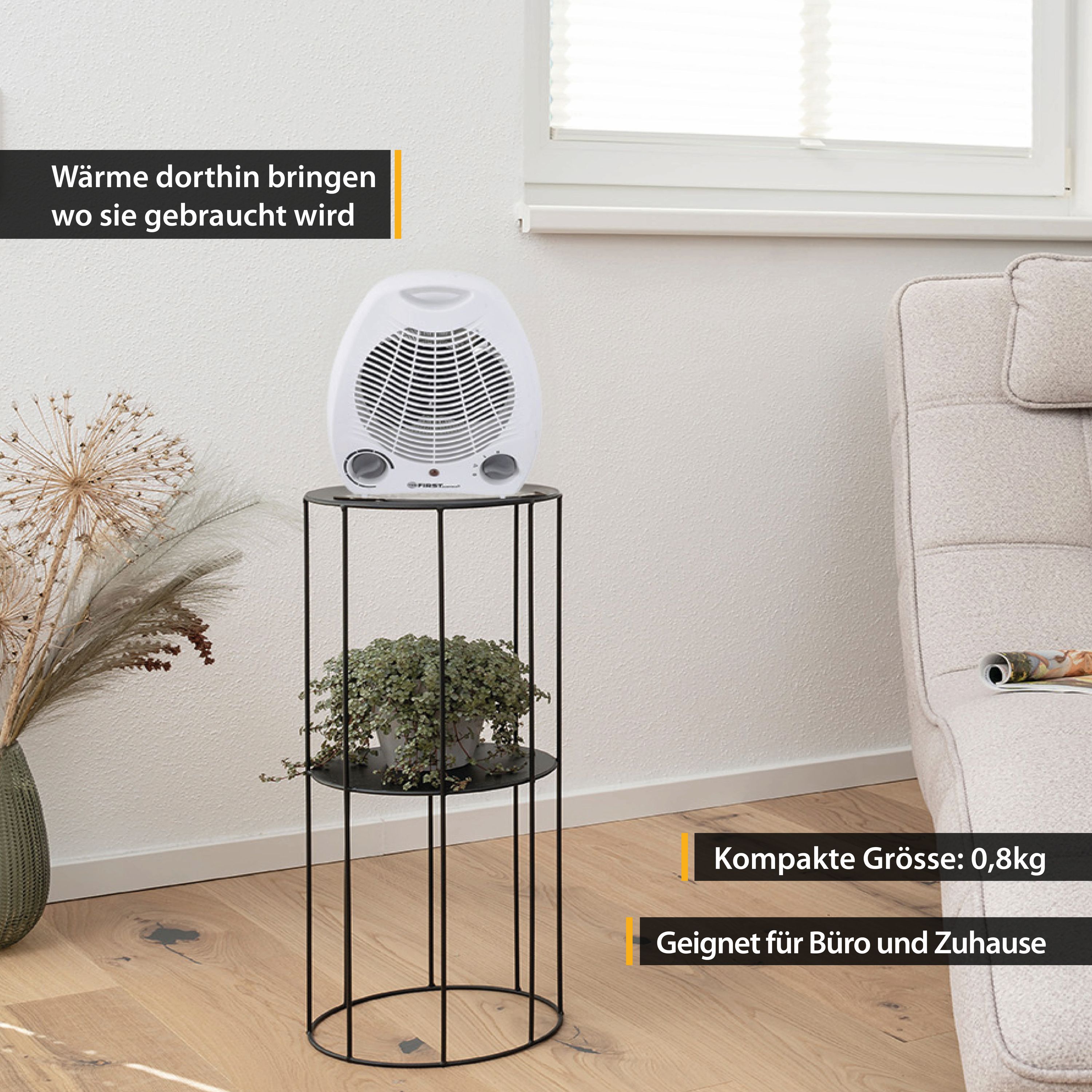 Heizlüfter, 2 Heizleistungsstufe, 1000W-2000W, Lüfterfunktion