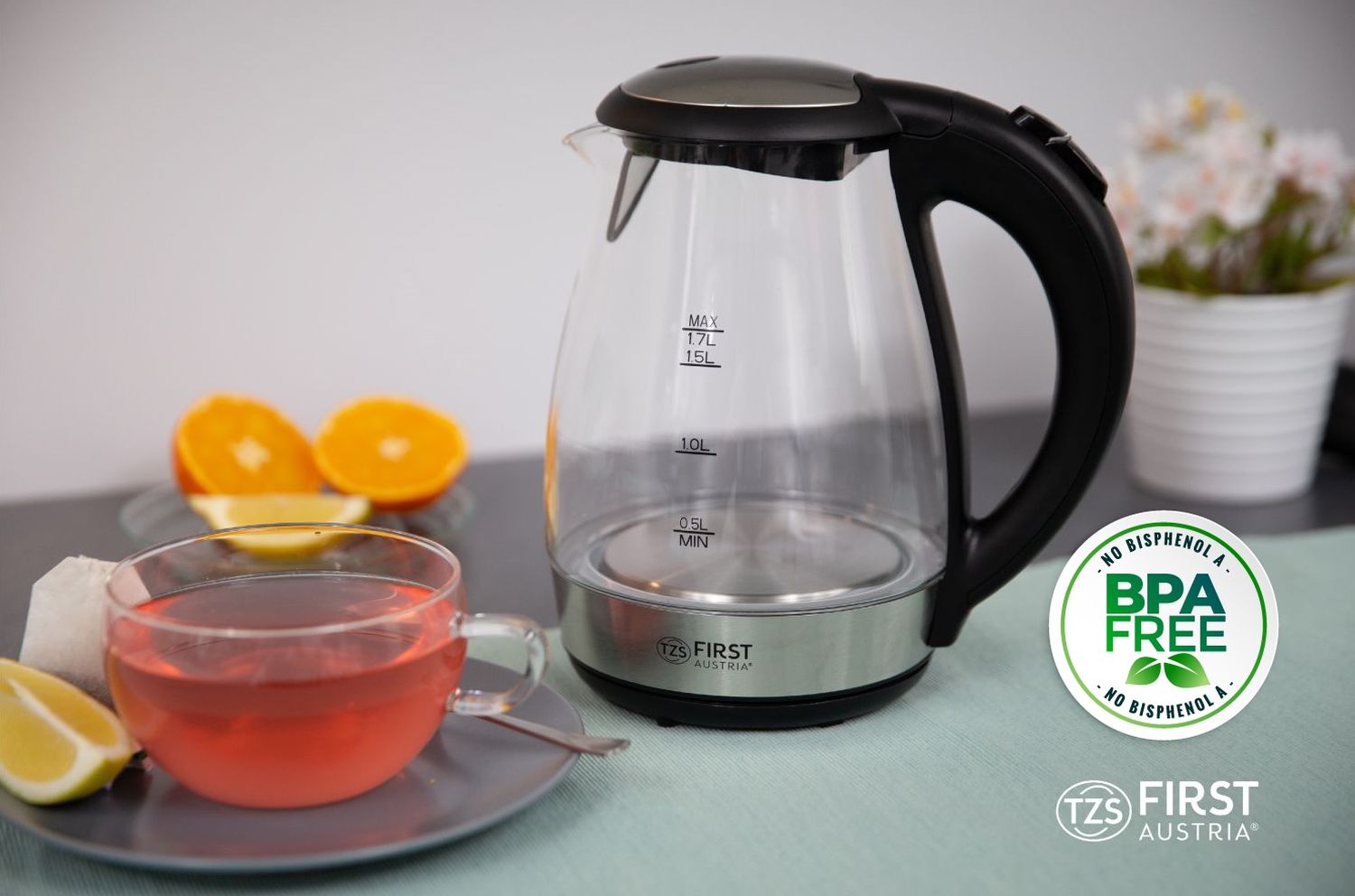 Glas Wasserkocher, 1,7 L, Kalkfilter, 2200W, LED Innenbeleuchtung