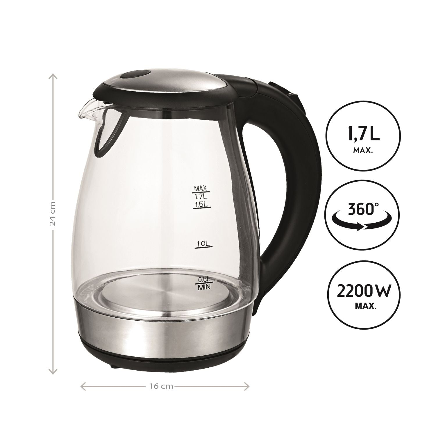Glas Wasserkocher, 1,7 L, Kalkfilter, 2200W, LED Innenbeleuchtung