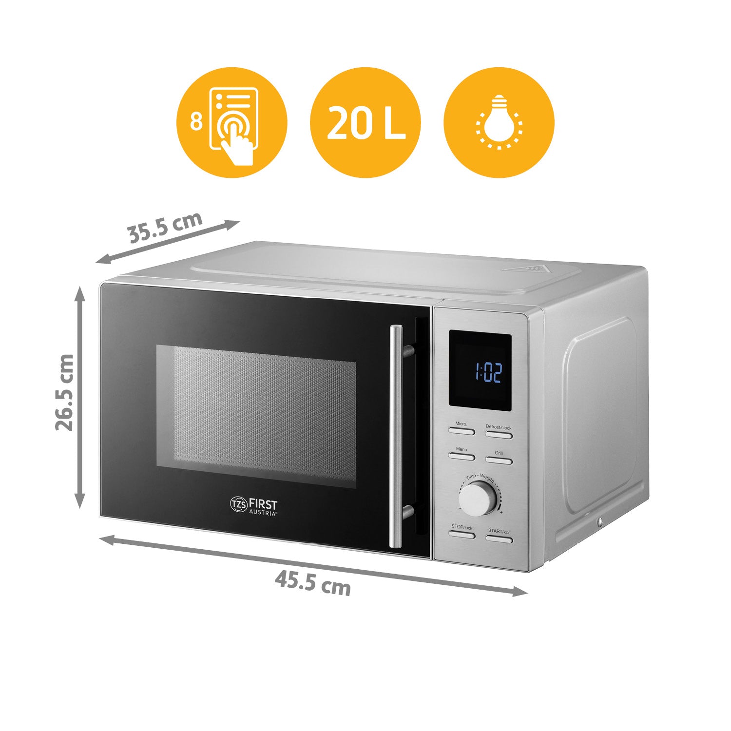 Mikrowelle mit Grillfunktion – Edelstahl, 14 l, 700 W Mikrowelle, 800 W Grill, 8 Programme, LCD-Display