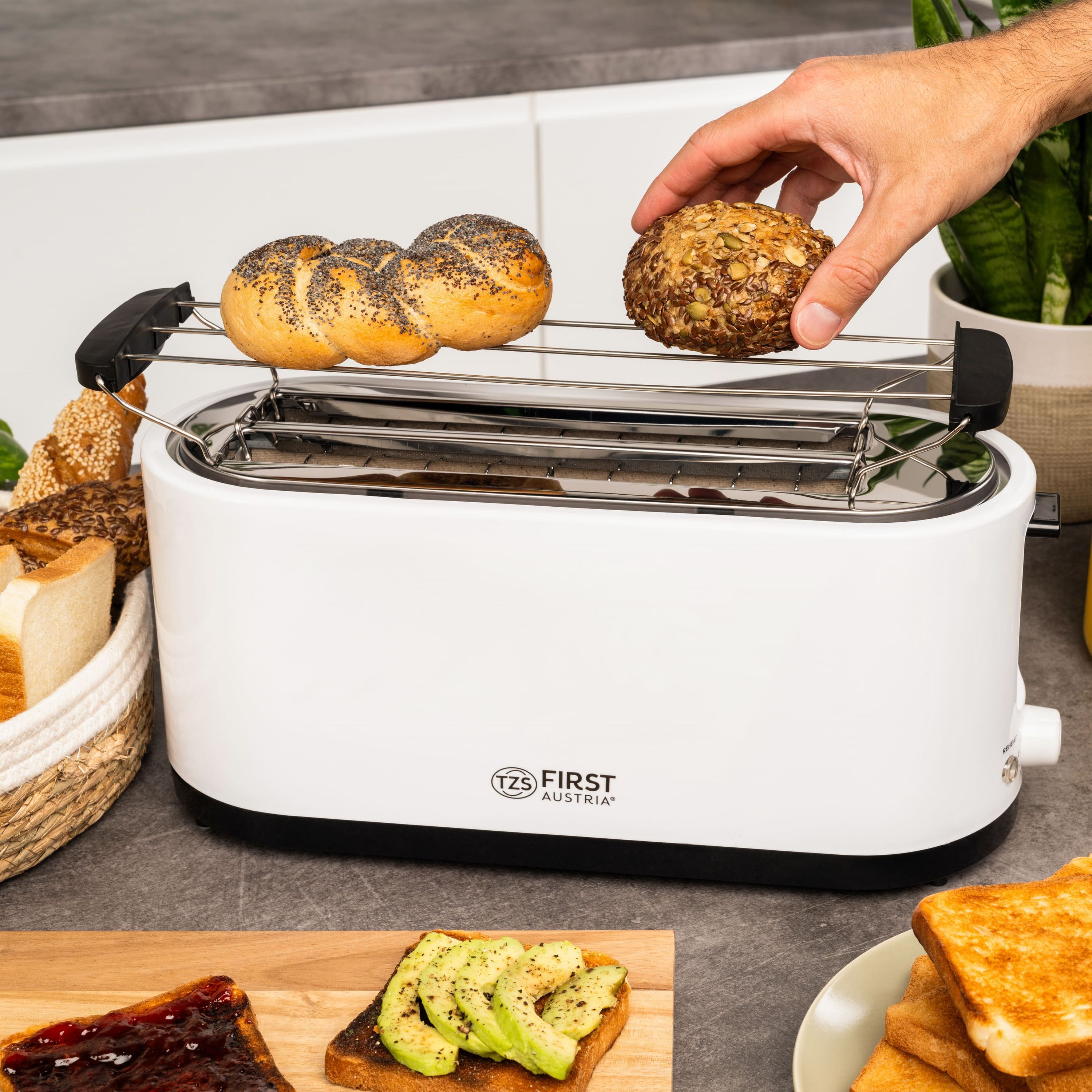 Toaster 4 Scheiben, 2 Langschlitze, mit Brötchenaufsatz