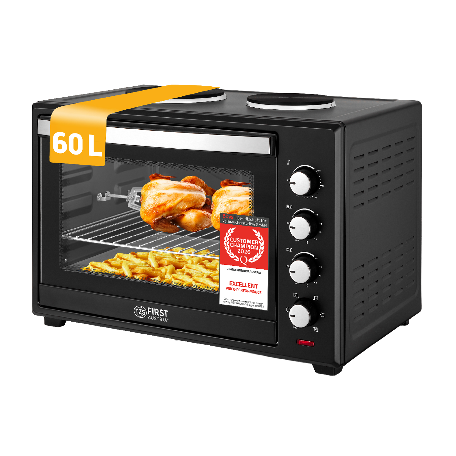 Mini Oven 60 L, with Hotplates, Rotisserie Spit