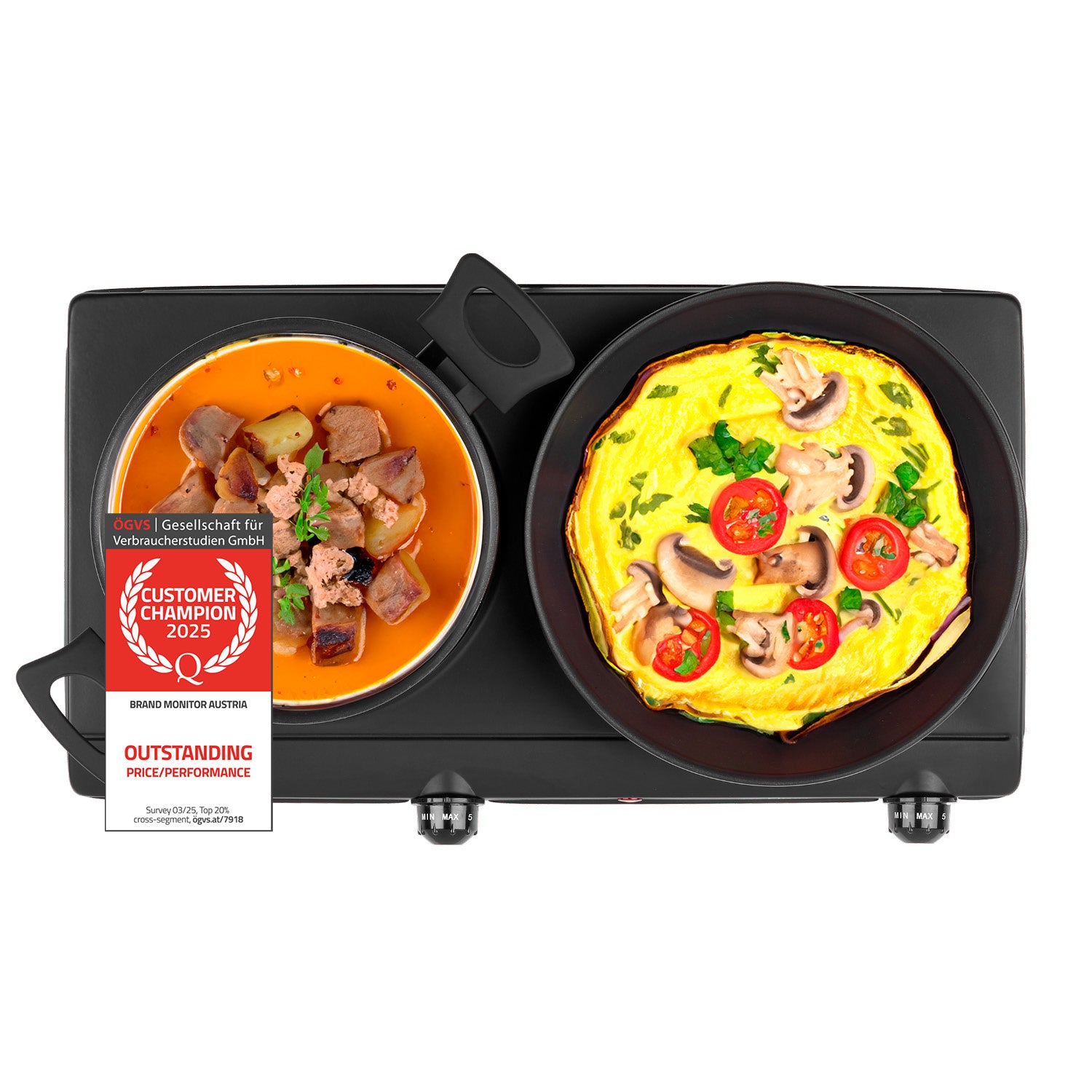 Infrarot-Doppelkochplatte 2500W, Kristallglas, 2×19,4 cm