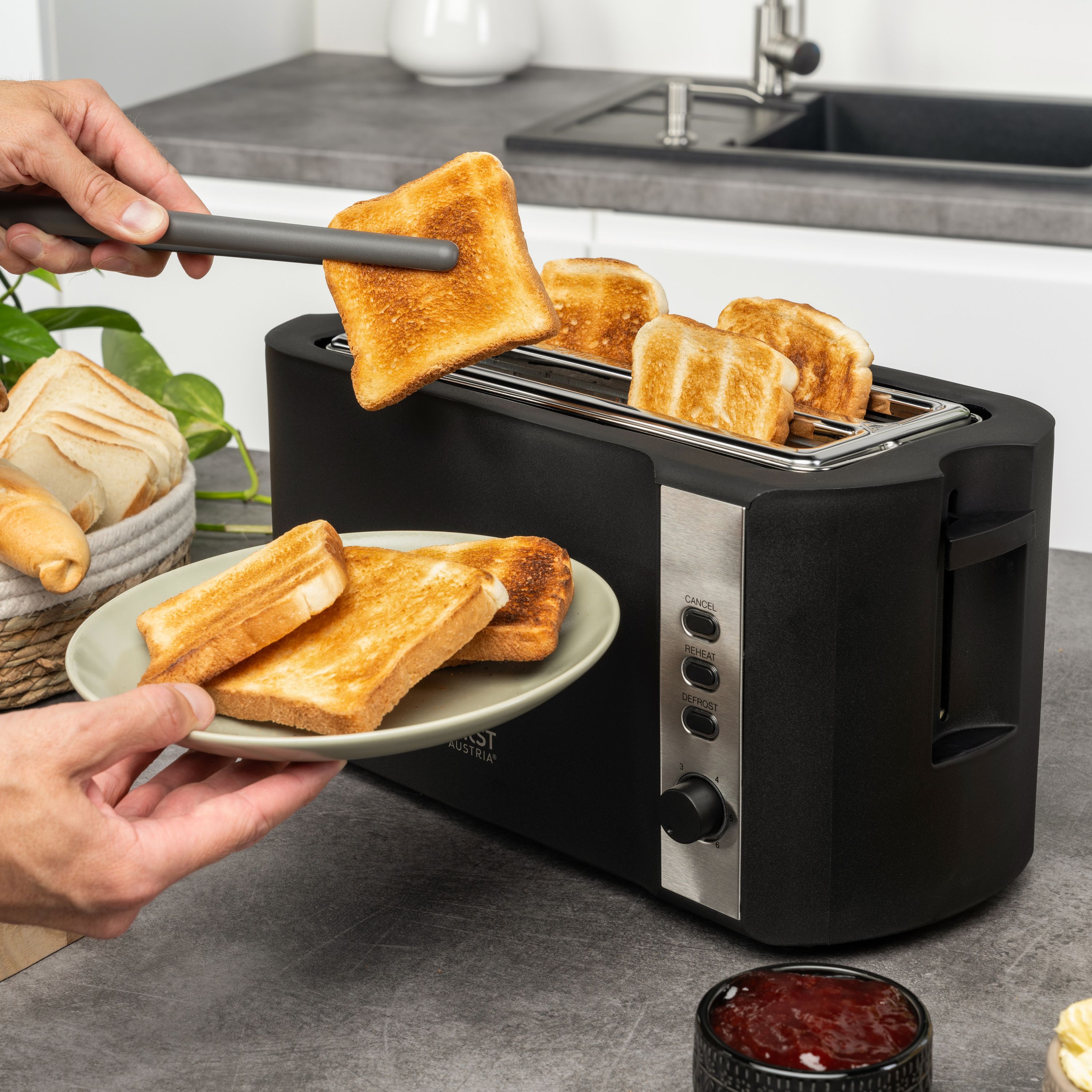 Toaster 4 Scheiben, 2 Langschlitze, mit Brötchenaufsatz
