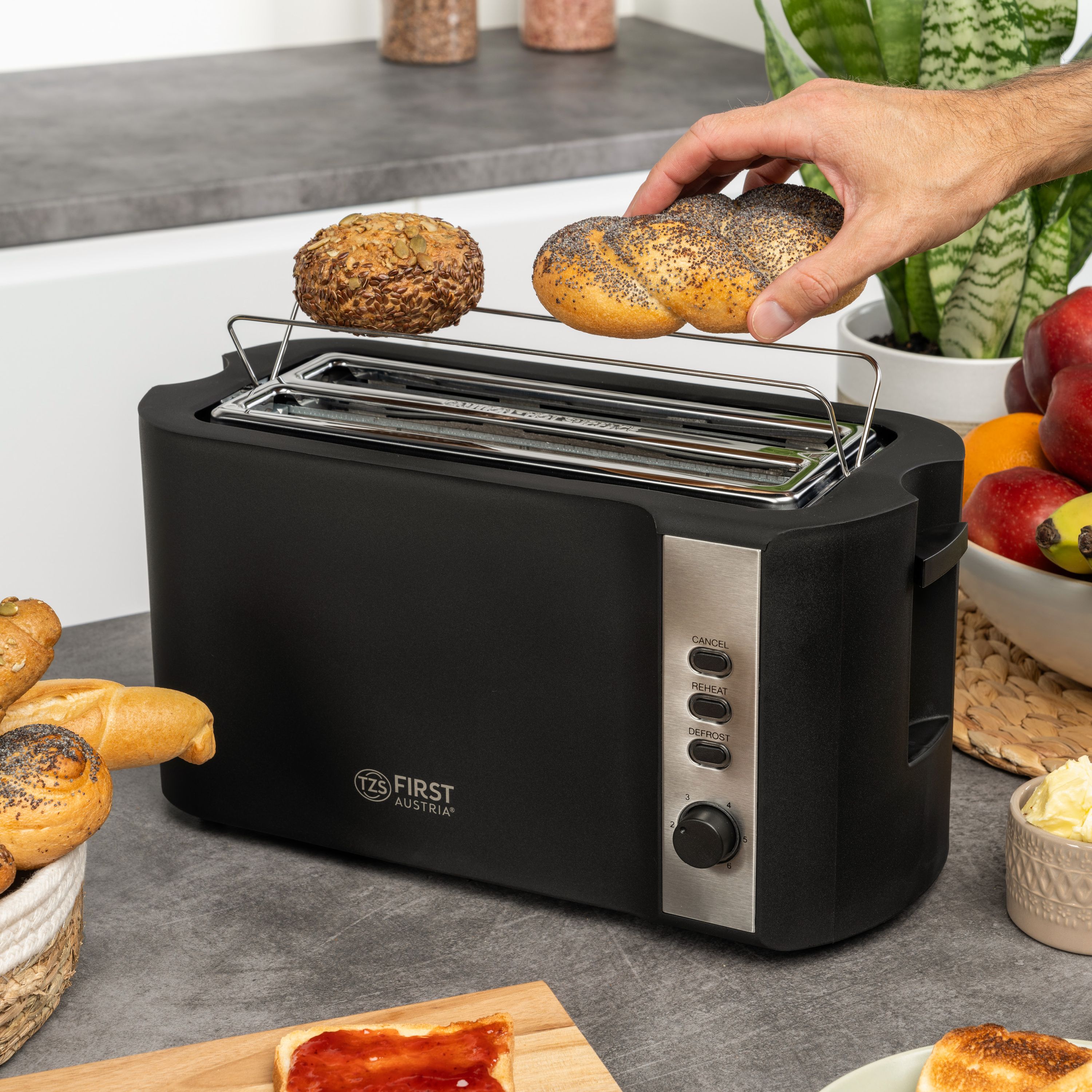 Toaster 4 Scheiben, 2 Langschlitze, mit Brötchenaufsatz