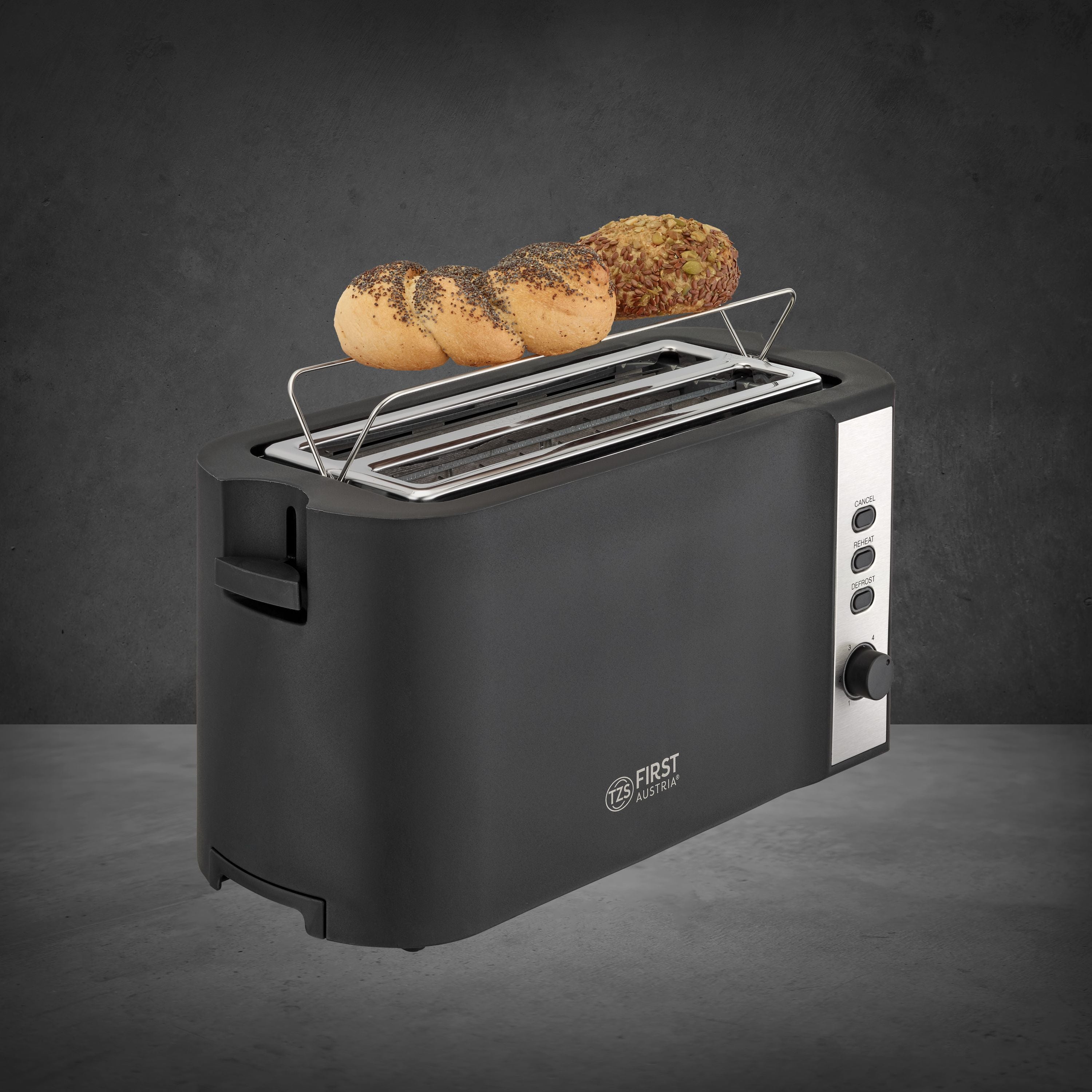 Toaster 4 Scheiben, 2 Langschlitze, mit Brötchenaufsatz
