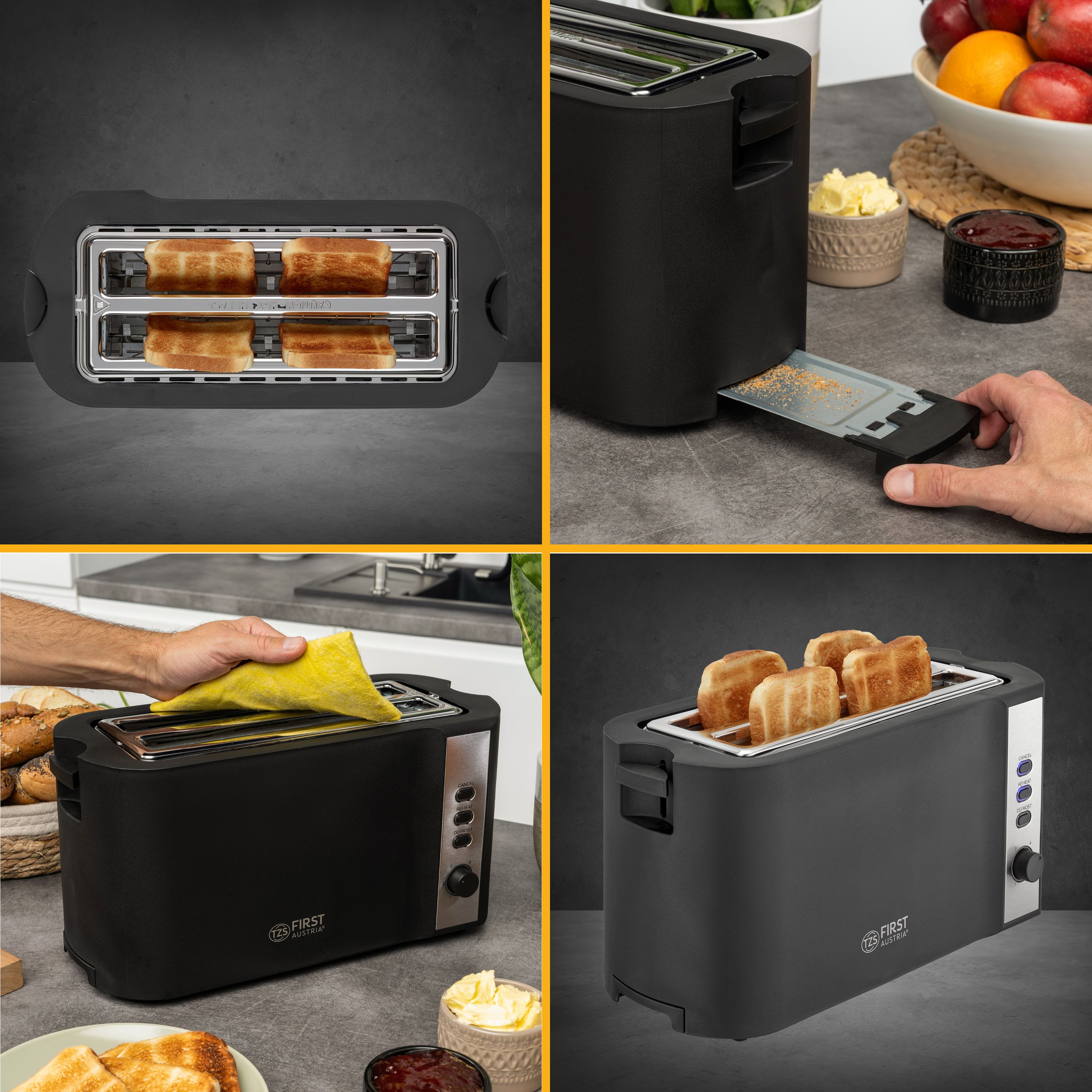 Toaster 4 Scheiben, 2 Langschlitze, mit Brötchenaufsatz